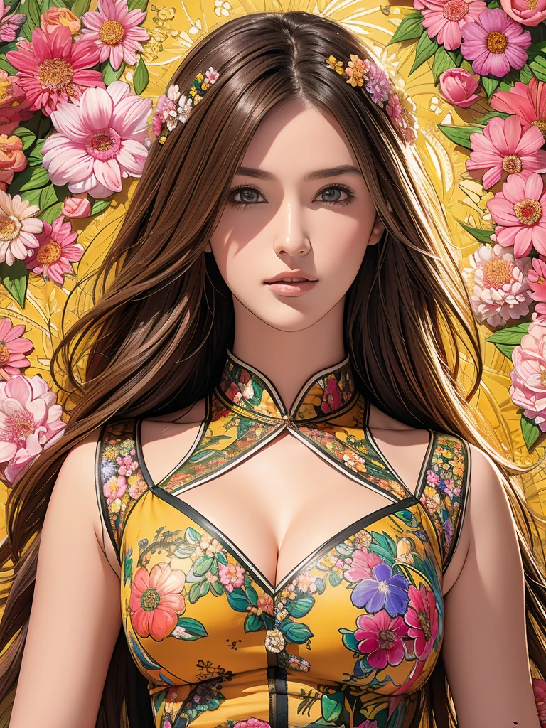 "masterpiece:1.2,high resolution,official art works,Beautiful and detailed:1.2,Emphasize her upper body.girl surrounded by flowers,Extremely detailed,Colorful and vibrant scene.This artwork showcases the beauty of fractal art:1.3 In the most complex and detailed way."