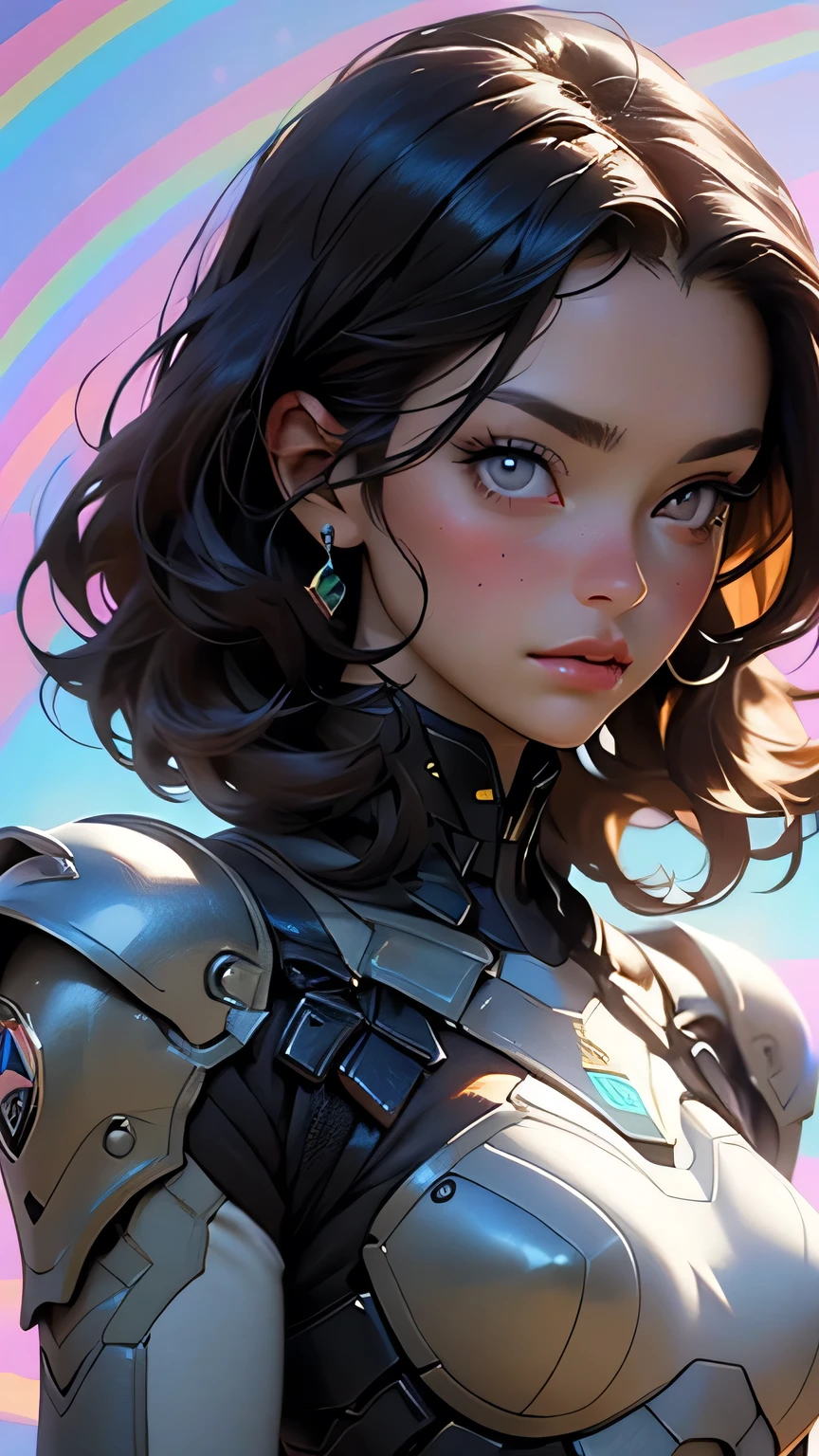 Tall beautiful woman with dark hair wearing highly realistic and detailed robotic armor, Upper body portrait、masterpiece, 最high quality, high quality, High resolution, Face close-up､((Rainbow background))