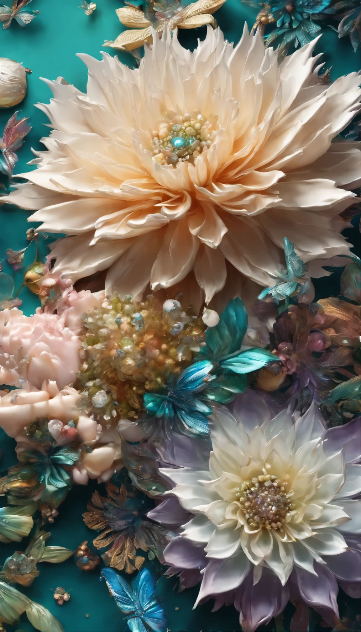 The background is greenblue,moon light,All expressed with jewels, the arrival of spring, various beautiful chrysanthemum flowers
, beautiful batterflys,angles looking up from below, various jewels falling from the sky, wonderful and beautiful superb view, slightly hazy, fantastic, high resolution, 8K, (best quality, highres, realistic:1.37), shiny metallic flowers, intricate and delicate petals, reflective surfaces, vibrant colors, intricate details, close-up view, surreal garden, surreal beauty, dreamy atmosphere, fine art, abstract botanicals, metallic sculpture, contrasting textures, ethereal glow