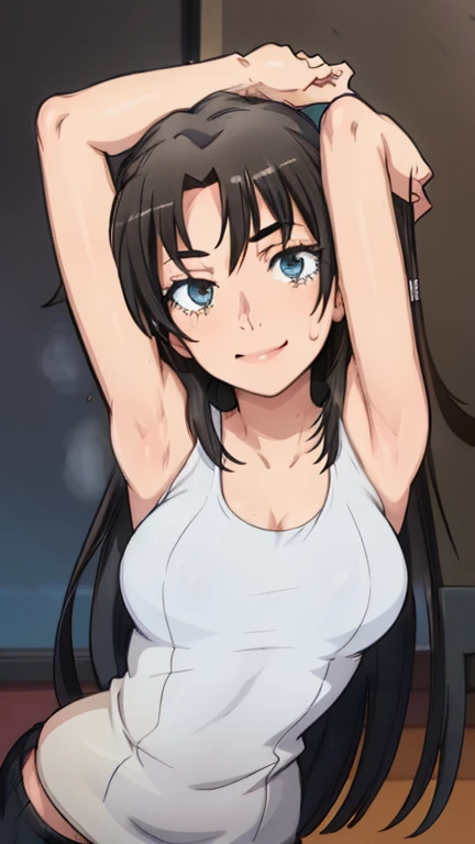 masterpiece, best quality, looking at viewer, upper body, portrait, looking at viewer, seductive smile, put your hands behind your head, armpits, armpits visible, sweaty armpits, shizuka, very large breasts, long dark hair, wearing white tanktop,