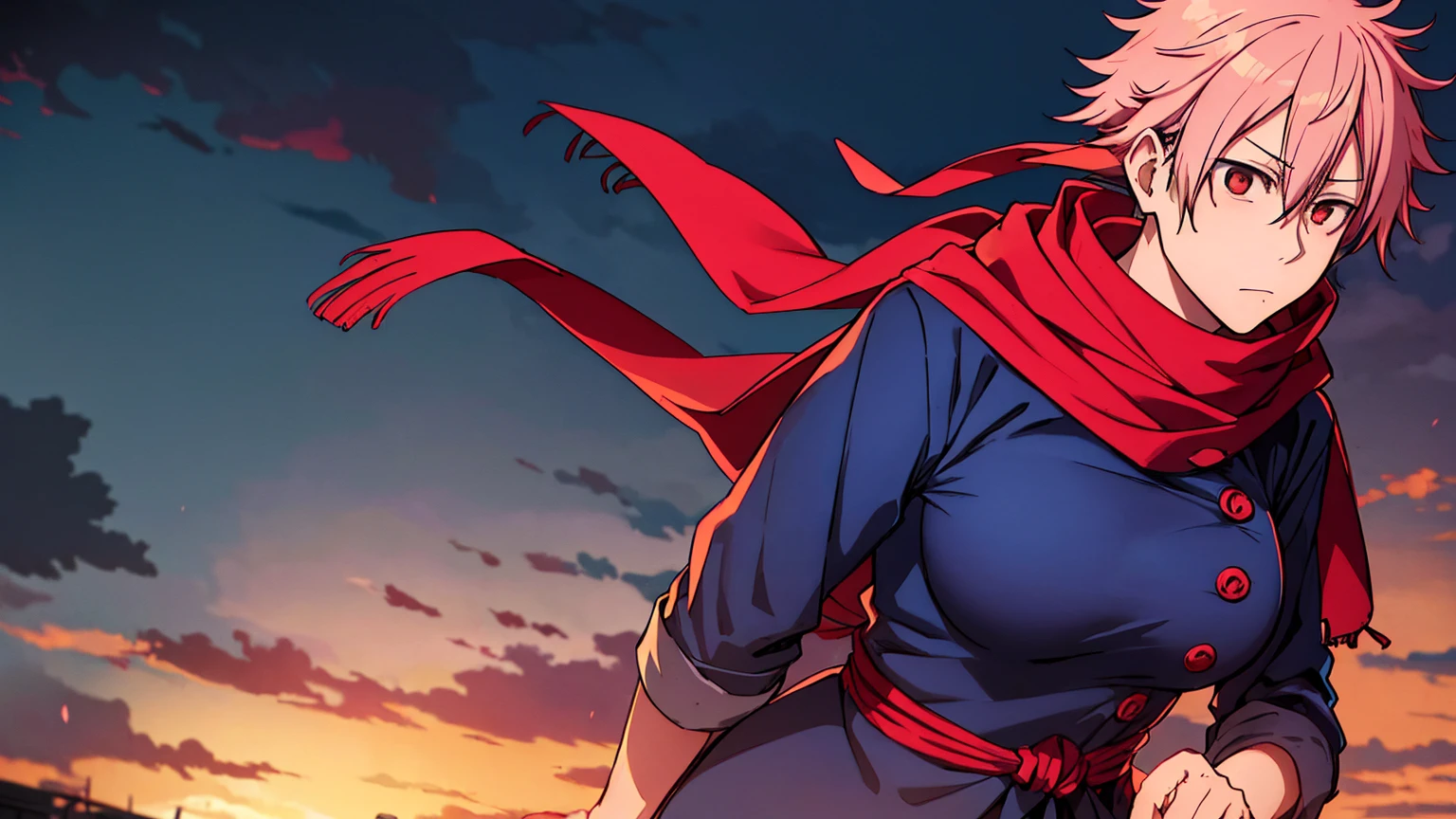 jujutsu kaisen Itadori Yuji Japanese knotweed Yuhito red scarf college uniform super large breasts breast enlargement standing alone in Shibuya