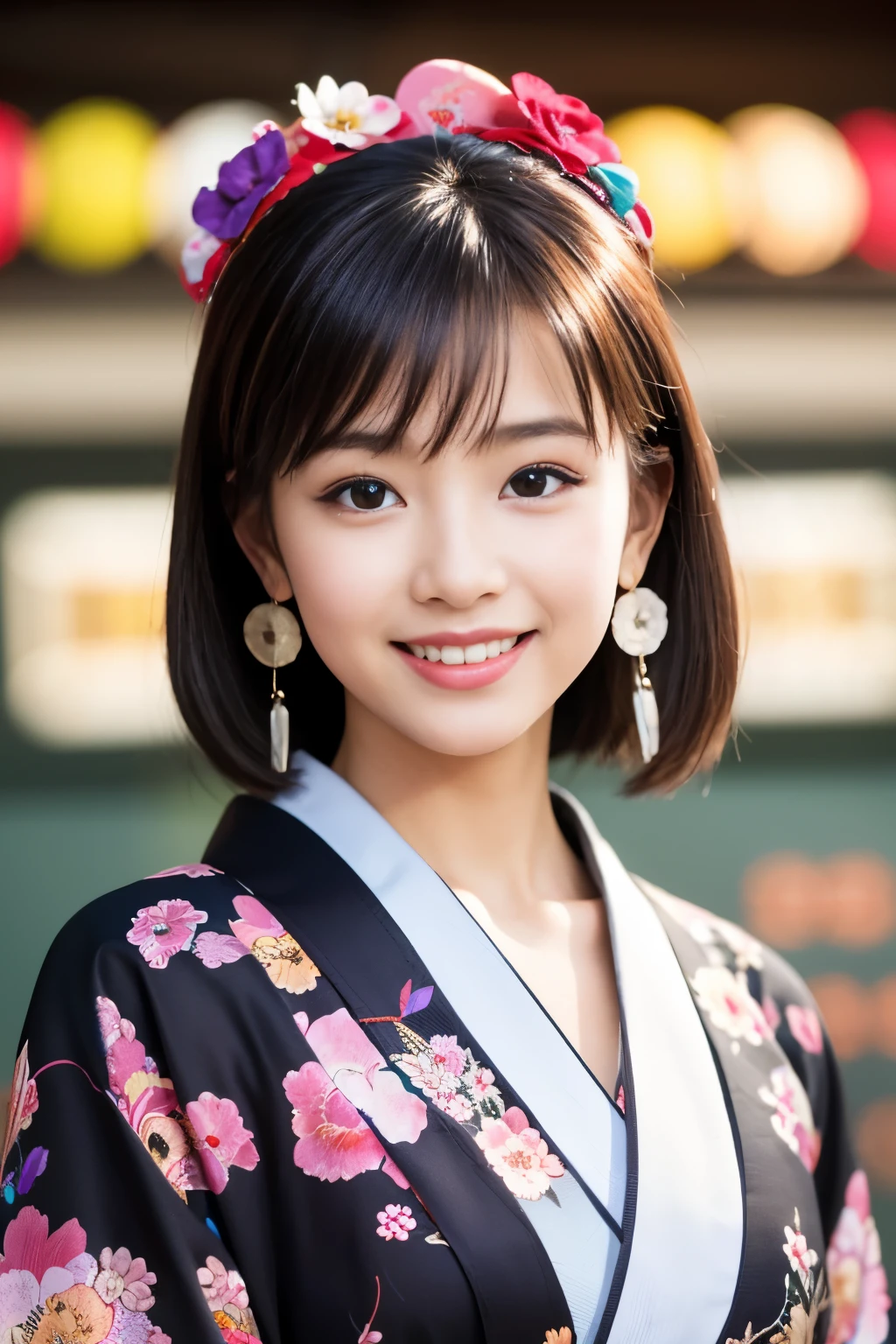 Japanese ID ,((cute ,Baby Face:1.2)),(8k, RAW Photos, Very detailed, highest quality:1.2), (Realistic, Photorealistic:1.4), (Very detailed, Ultra-high resolution ,beautiful, Tabletop:1.2), ,Very detailedな顔と目,Shiny skin,(Upper Body:1.Professional Lighting,Soft Light, Sharp focus, Written boundary depth,Medium Hair,Earrings, (Gorgeous floral patterned kimono costume :1.3),(smile:1.3),Bokeh,(Dynamic Angle:1.5),(Japanese-style room for New Year&#39;s&#39;Holiday. Kagami mochi and pine decorations are displayed on the tokonoma alcove.., And outside the window it&#39;s snowing. :1.3)