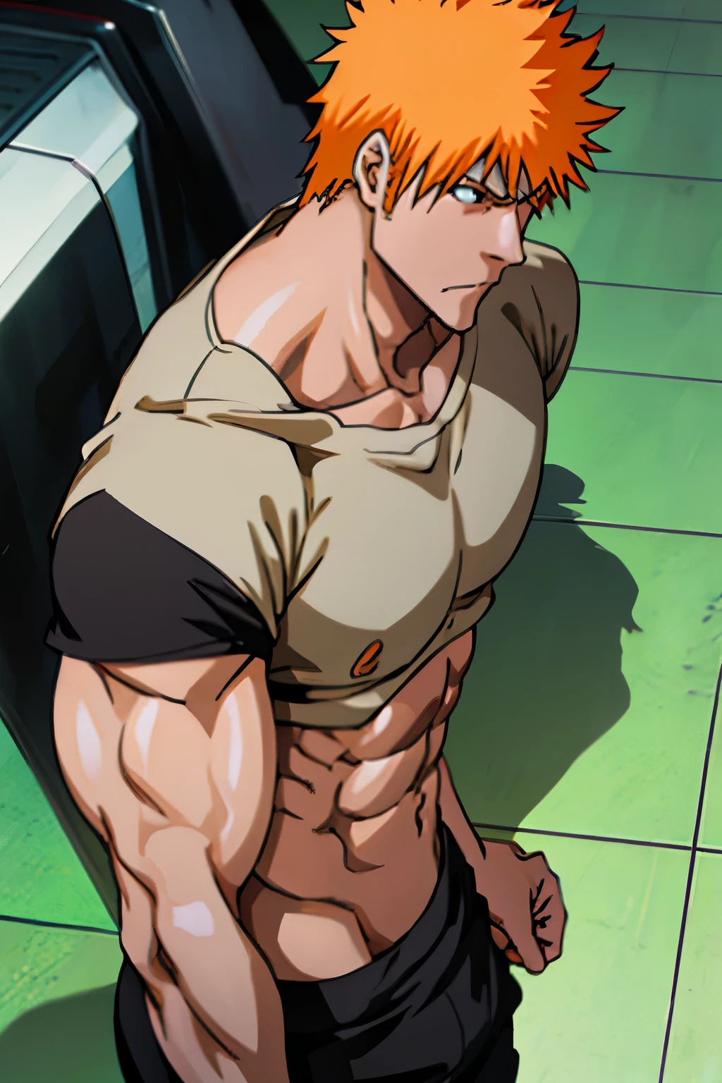 Ichigo Kurosaki from Bleach is showing his abs in a black tshirt.