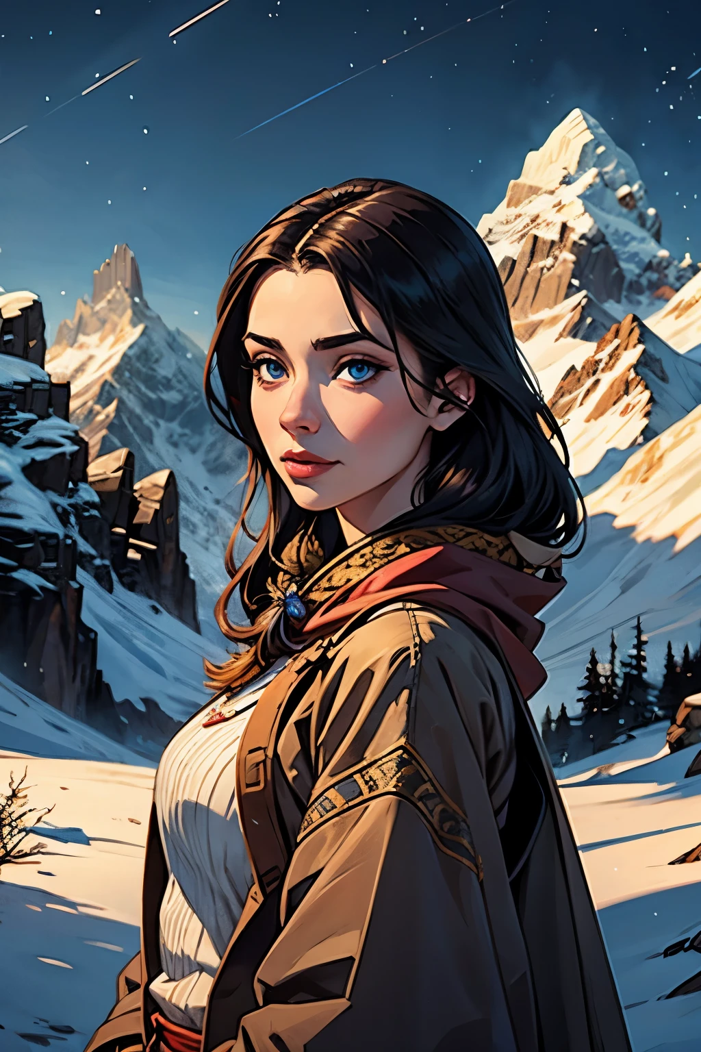 ((master piece)),best quality, illustration, dark, 1girl, In the wilderness,High mountain,Snow-capped mountains in the distance, castle, beautiful detailed eyes,  beautiful detailed hair,