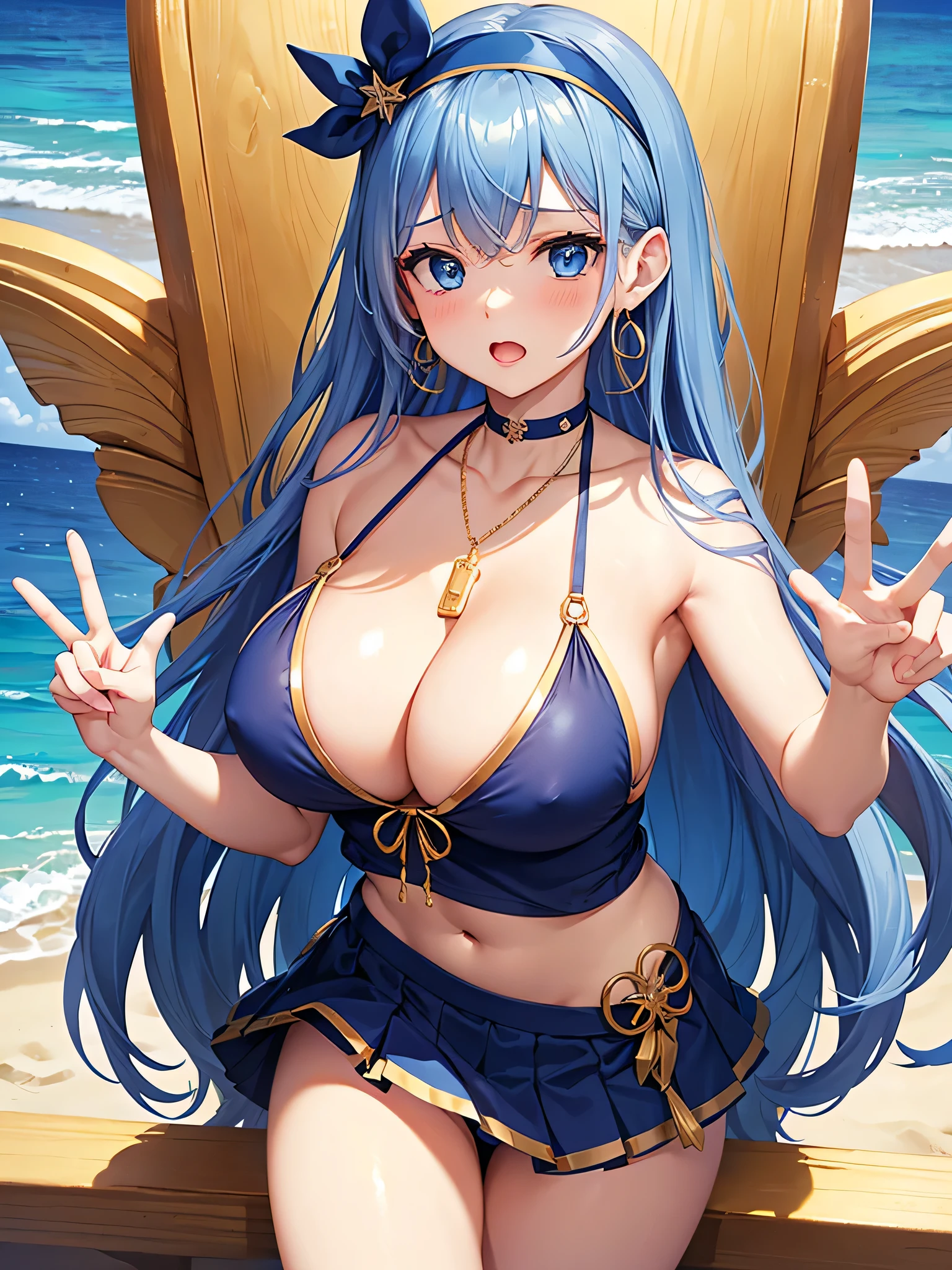 highest quality、Highest quality、masterpiece、beautiful girl、1 female、Navy blue long hair、blue eyes、Sexy bikini in dark blue、Big cleavage、(Big Breasts),Embarrassed look、Golden Necklace、Blue earrings、background(Beach)、peace sign、Open your mouth wide、Navy Blue Skirt、white headband、