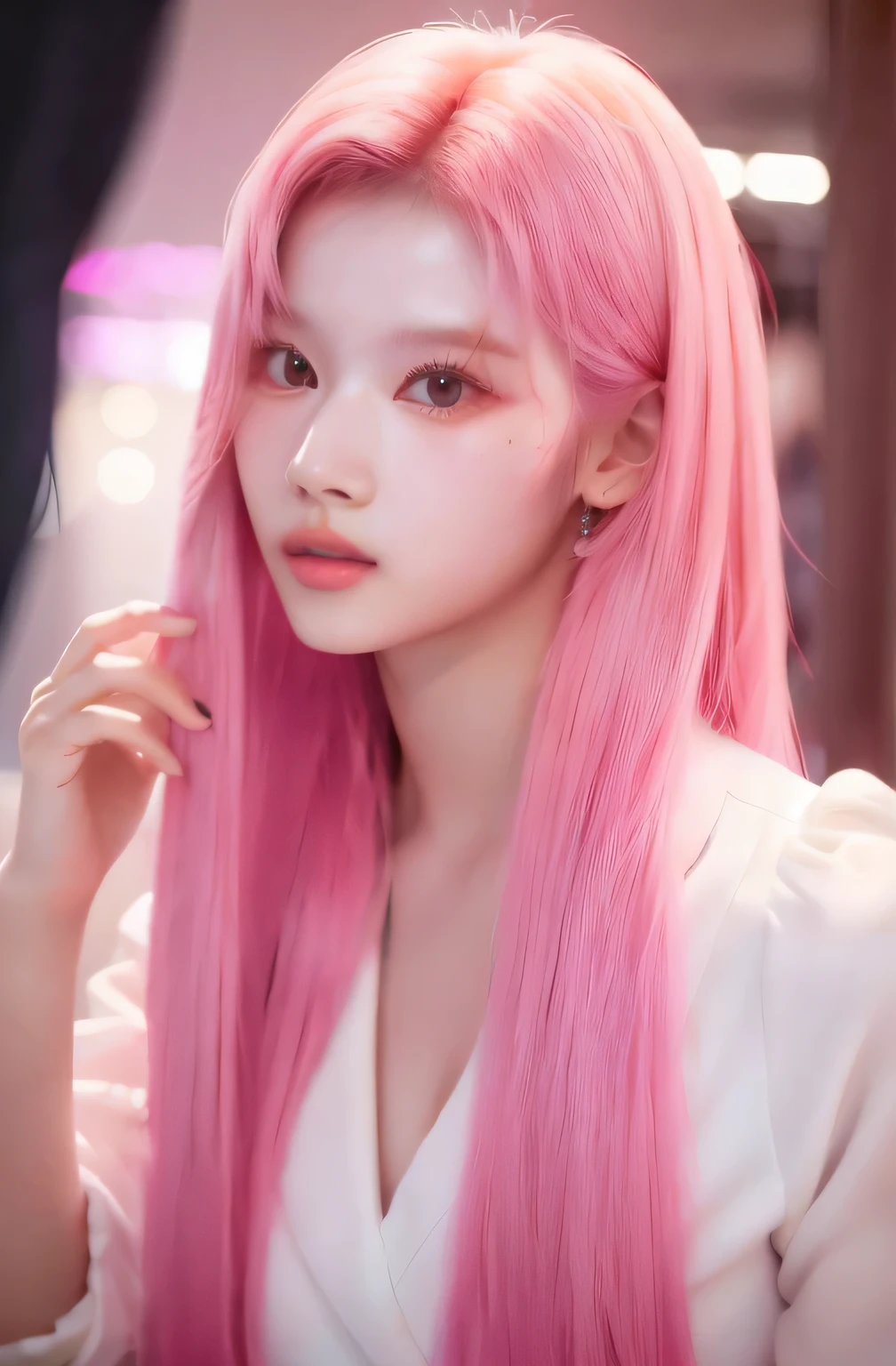 a close up of a woman con cabello rosado and a white shirt, obra de arte al estilo de guweiz, Cabello Liso Rosa, retrato de sana de twice, German bokeh of 8K art, tendencia en cgstation, con cabello rosado, ulzzang, Cabello rosado y ojos cian., guweiz, Cabello rosado que fluye, piel suave y rosada,  Face Korean, Korean Woman, Korean Fem, K-pop group, K-pop Twice, Twice, Sana, Sana Face, Sana Twice, Minatozaki sana, Sana k-pop