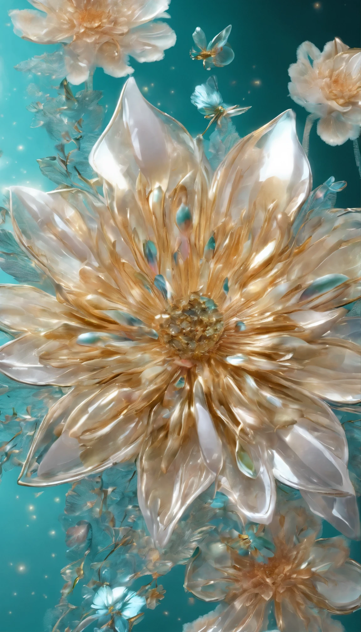The background is greenblue,moon light,All expressed with jewels, the arrival of spring, various beautiful chrysanthemum flowers
, beautiful batterflys,angles looking up from below, various jewels falling from the sky, wonderful and beautiful superb view, slightly hazy, fantastic, high resolution, 8K, (best quality, highres, realistic:1.37), shiny metallic flowers, intricate and delicate petals, reflective surfaces, vibrant colors, intricate details, close-up view, surreal garden, surreal beauty, dreamy atmosphere, fine art, abstract botanicals, metallic sculpture, contrasting textures, ethereal glow