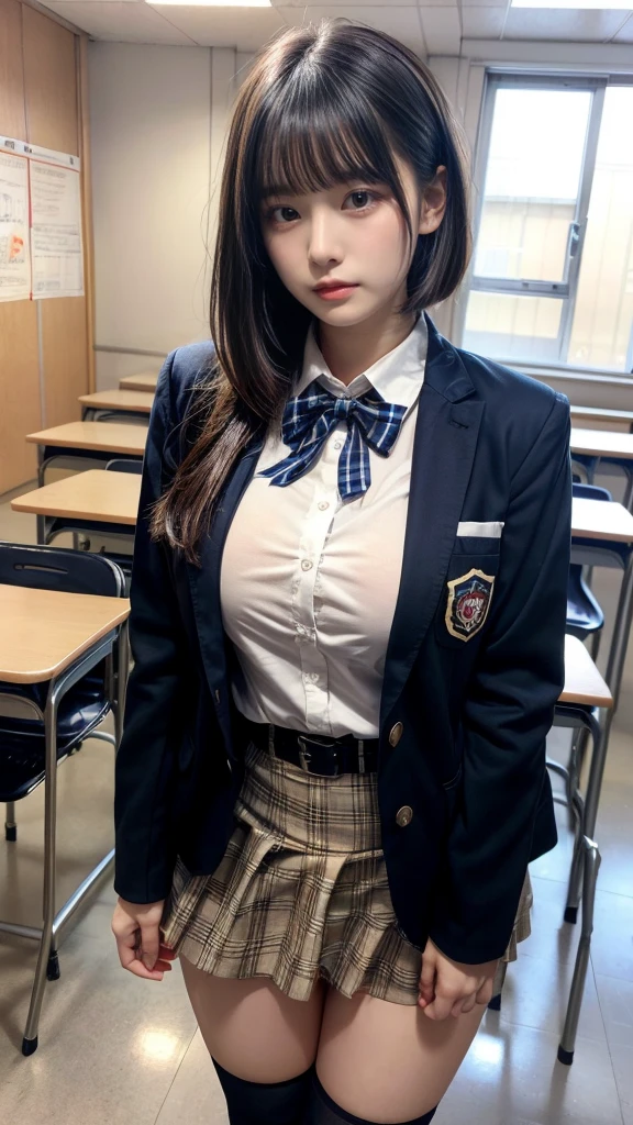 muste piece, best quality, illustration, Super detailed, fine details, High resolution, 8K,wall paper, perfect dynamic composition,(Details High quality, realistic depiction of eyes:1.3), from side, High School Classroom、High school girl uniform、blazer 、Super Short Check Uniform Skirt、Navy blue high socks、garterbelts、Colossal tits、Disturbed uniform, short bob hair, black hair color, large breasts, Big Natural Color Lip, bold sexy pose, (perfect body shape), crying a little、cold gaze, Harajuku style、20 year old girl、cute type, beautiful legs, hposing Gravure Idol, Voluptuous thighs