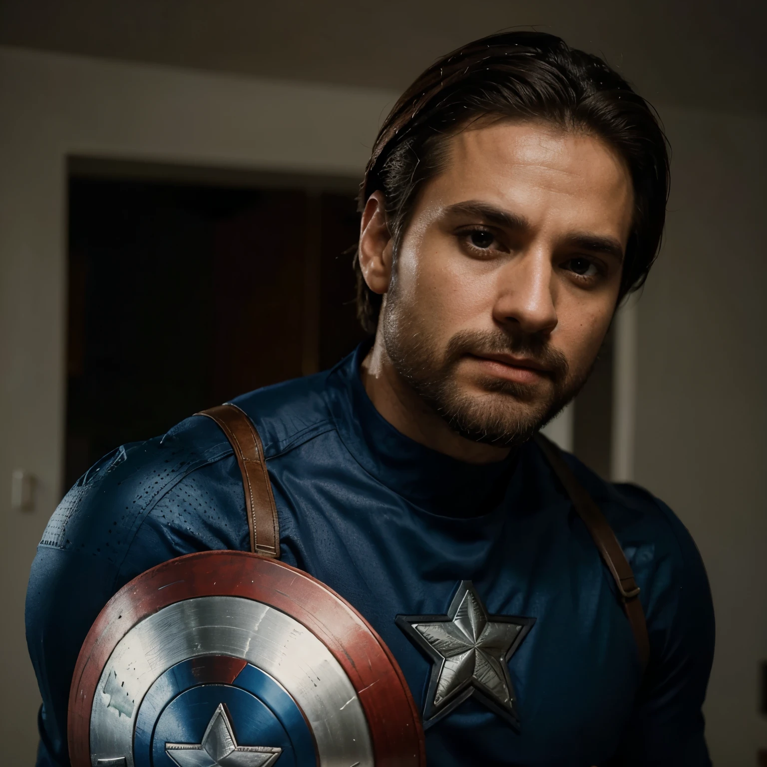 Um homem de 30 anos alto, loiro, tem barba, Looks like the actor who played Captain America in Avengers