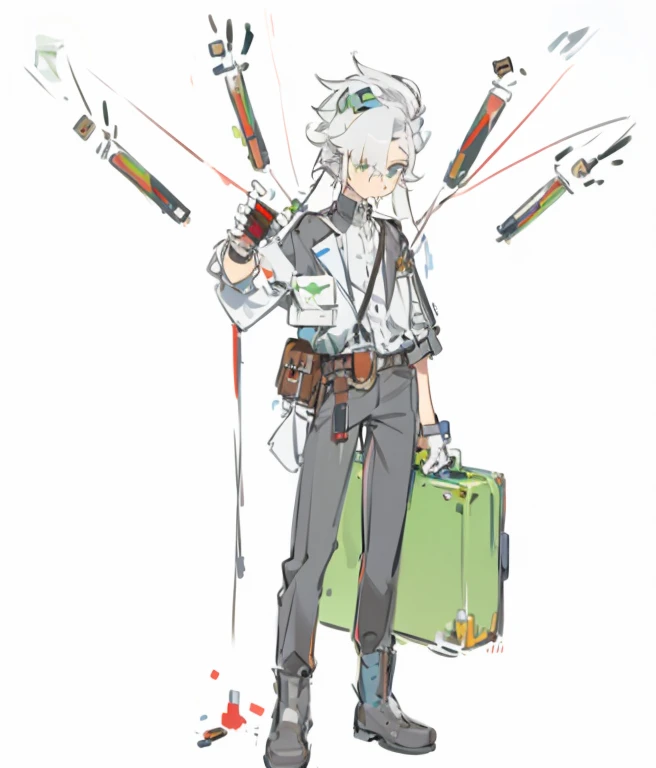 masterpiece, best quality, 1 Boy, White hair，Medics，test tube，Briefcase，Medicine Bottle，name card，Waist bag，boots。