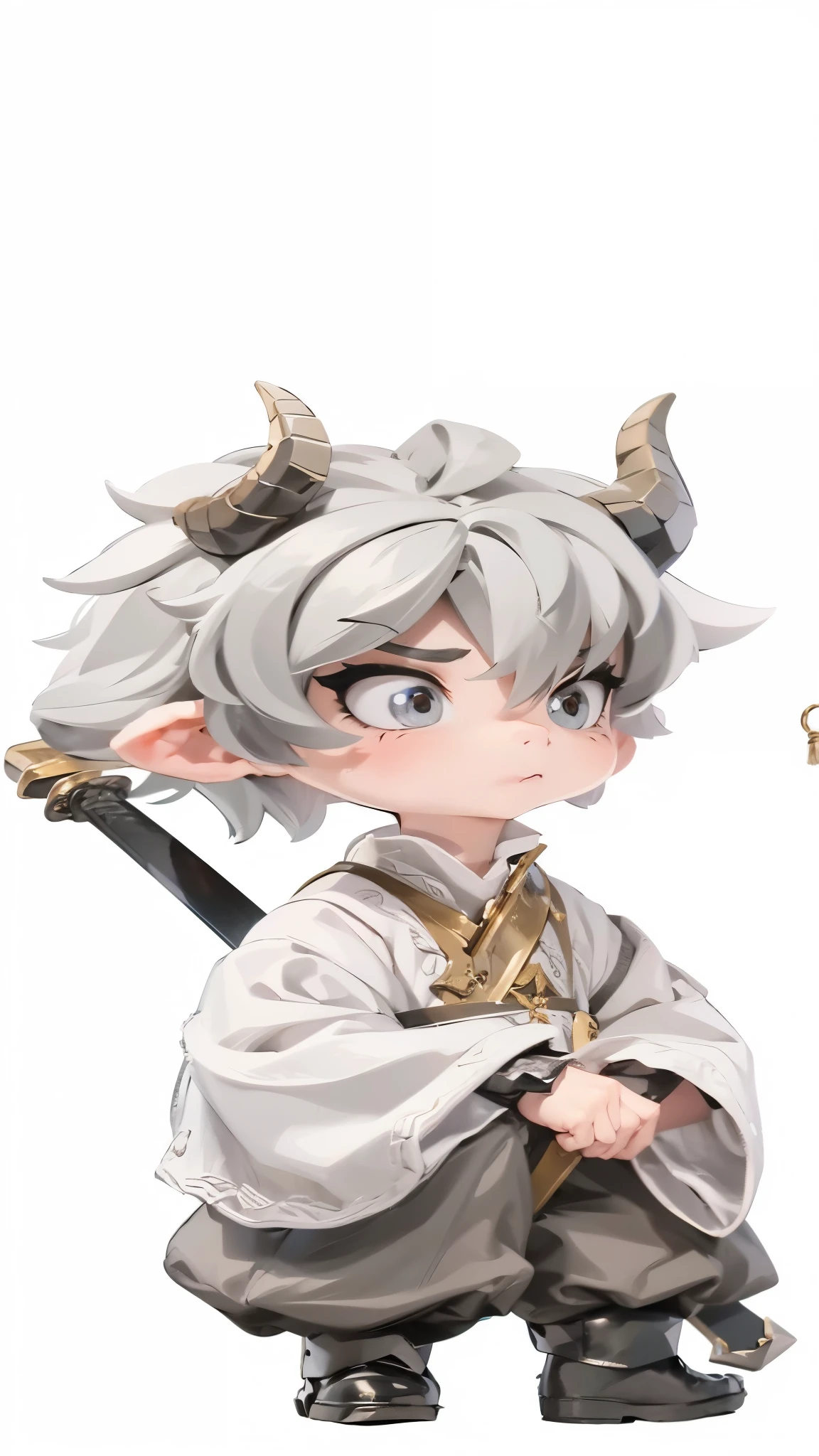 "(The same character,front,side,back),Simple background!,(whole body)",Gray hair,There is a pair of black dragon horns on the head,big eyes,Costume,Black boots,Off-white top,Gold collar,Behind him is a sword