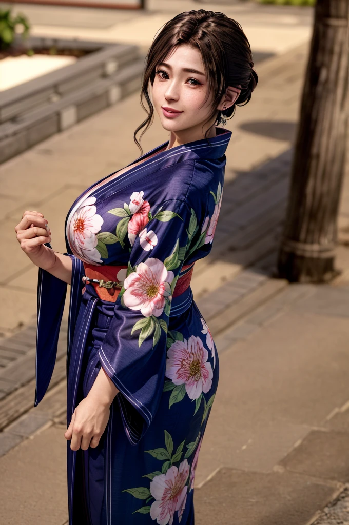 highest quality, Perfect Face, Complex, Beautiful views, Ultra-realistic 8K CG,Perfect artwork, 1 female, Sayuri, Young Face, Round face, Droopy eyes, smile, alone, Appearance like a female teacher, Pull up your hair, wear Kimono, Cool colored clothes, Show me your back, yukata, An alley lined with food stalls, Side lighting, Shallow and sharp depth of field, Realistic