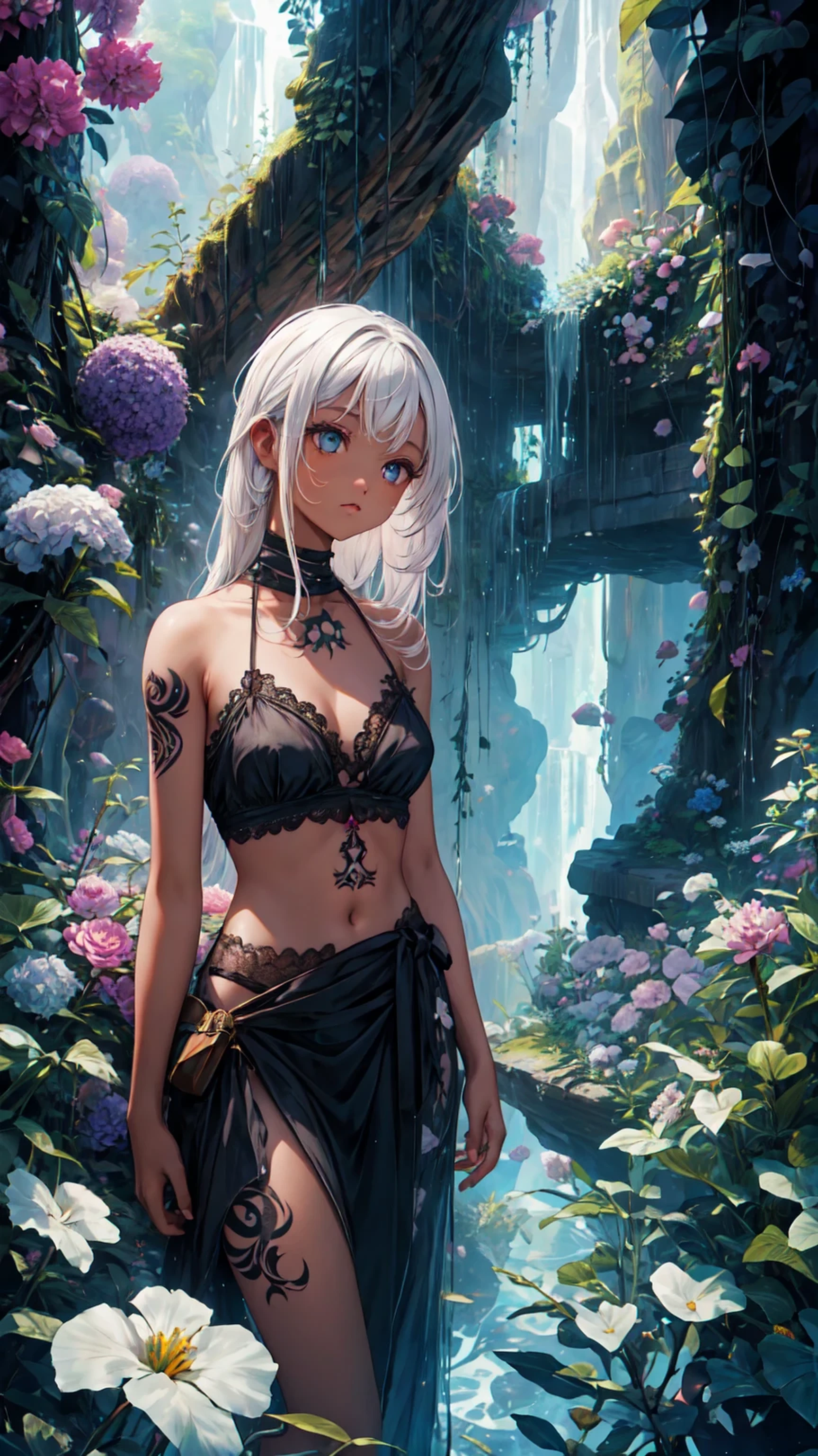 One girl, alone, white_hair, Dark skin tone, Tattoo, cave, Lush, Flowers, beautiful, Idyllic, Majestic, Absurd, Hyperrealism, texture, maximum_detailed, Digital SLR