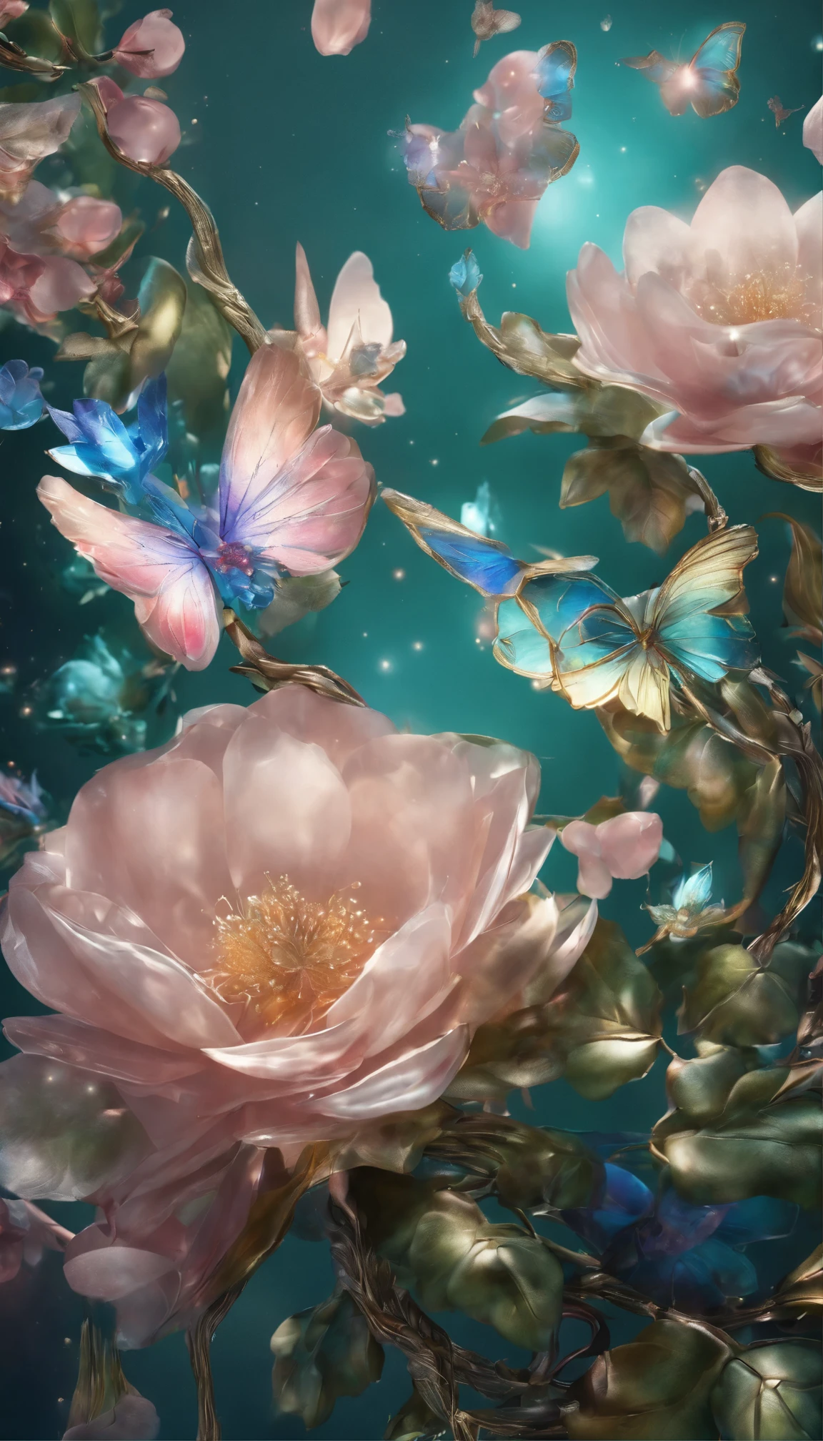 The background is greenblue,moon light,All expressed with jewels, the arrival of spring, various beautiful cherryblossoms
, beautiful batterflys,angles looking up from below, various jewels falling from the sky, wonderful and beautiful superb view, slightly hazy, fantastic, high resolution, 8K, (best quality, highres, realistic:1.37), shiny metallic flowers, intricate and delicate petals, reflective surfaces, vibrant colors, intricate details, close-up view, surreal garden, surreal beauty, dreamy atmosphere, fine art, abstract botanicals, metallic sculpture, contrasting textures, ethereal glow