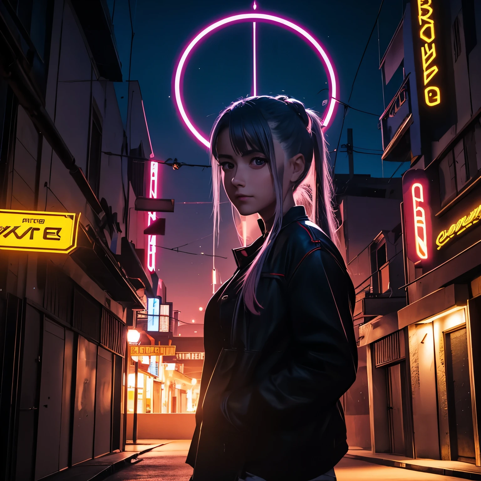 1 pony, pelo largo y rosa, con sangre y armas sonrisa ligera, ojos amarillos, corneo_fuerza,, edificios,tiendas,calles de la ciudad, cielo oscuro, escenario,neon signs,ciudad de noche, letras japonesas,, , absurdos, ojos detallados, extremadamente detallado, volumetric lighting, realista, realista lighting, 8k, cinematic lighting, profundidad de campo, perfecto, hiperdetallado, photorealista, ultra realista, realista light, harsh lighting, detalles intrincados, detener el movimiento, mapeo de tonos, Sharp focus, hiper detallado,
