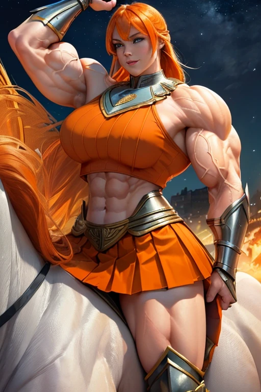 (((Massive, tall, beautiful, buff, muscular pale white skinned asian female spartan with red hair, ginormous bulky muscles, holding a sword and shield and wearing an all red gleaming spartan armor and pleated skirt))), (close view), black eyeliner, massive muscles, massive biceps, hyper muscle triceps, (long shaggy hair), green eyes, spartan boots, In a startan city, steel spartan armor, armor breastplate, nighttime, confident smile, hyper muscles arms, hyper muscle legs, (ginormous arms)