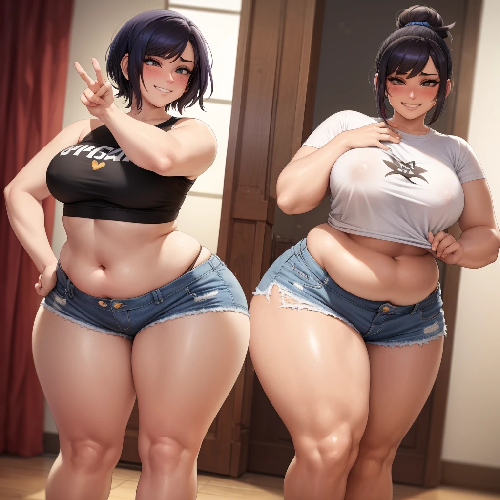Your beautiful gorgeous sexy curvy tomboy girlfriend wearing a crop top and booty shorts,solo, blushing, grinning, accidentally cute pose, she knows you’re trying to make her fatter, she loves you, she likes being chubby,