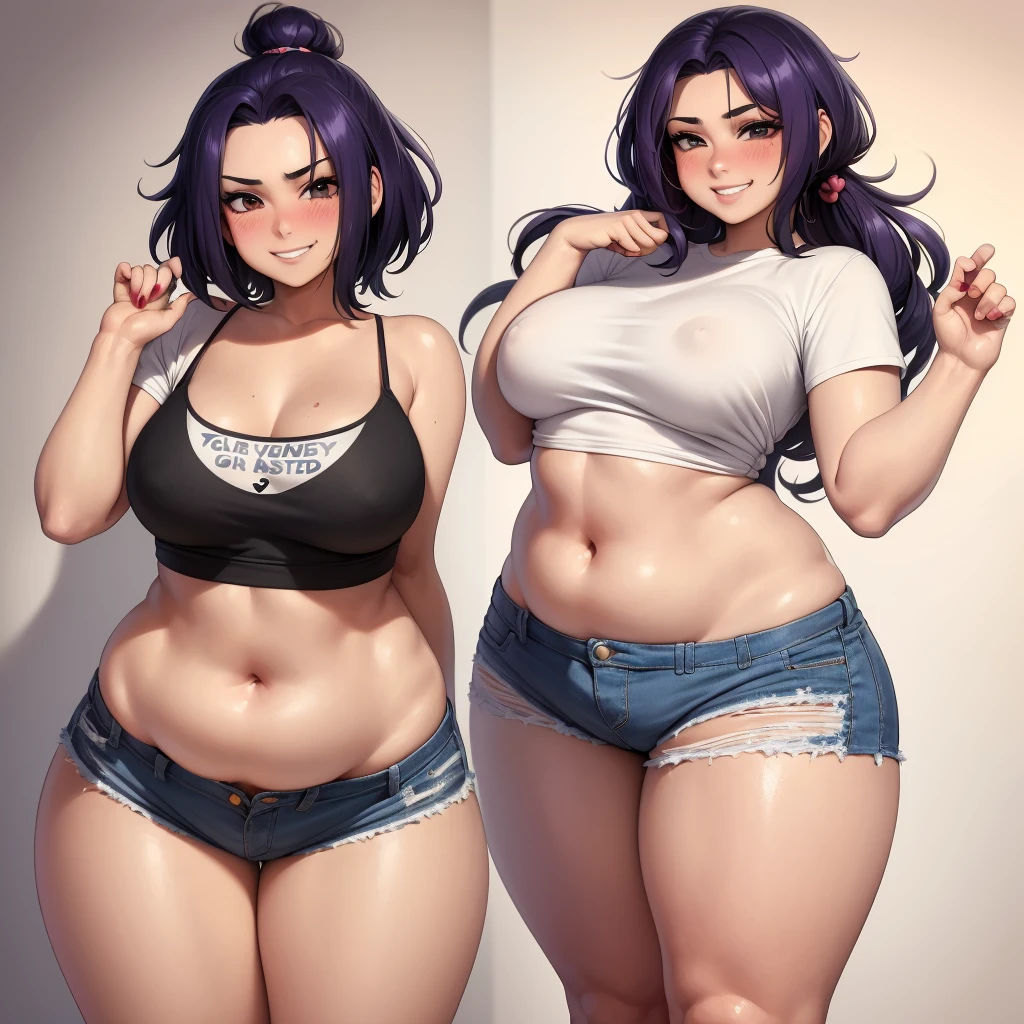 Your beautiful gorgeous sexy curvy tomboy girlfriend wearing a crop top and booty shorts,solo, blushing, grinning, accidentally cute pose, she knows you’re trying to make her fatter, she loves you, she likes being chubby,