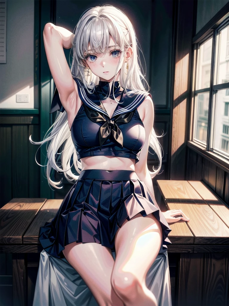 sailor school_uniform, arms behind head, Crossed_Legs, absurdres, RAW photo, extremely delicate and beautiful, masterpiece, Best Quality, ultra high resolution, 32k, hyperrealistic, ultra-detailed, detailed description, pale skin, 20 years old, tearful mole, earring, Colossal tits, short medium hair, wavy hair, skirt,