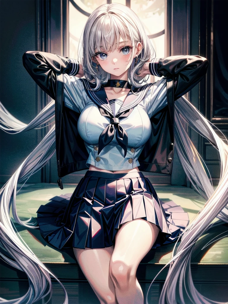 (photorealistic, high resolution, soft lights:1.2), 1 woman, solo, hips up, blue eyes, detailed eye makeup, fair skin, white hair, long flowing hair, neatly styled, school uniform, crisp white shirt, pleated skirt, thigh-high stockings, black shoes, serene expression
