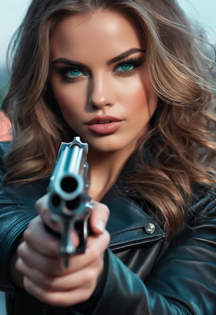 Long light Brown hair, (blue green eyes), woman, (detailed eyes), pouty lips, dressed in black leather, (holding a pistol), dark, dynamic pose, (8k, RAW photo, photorealistic), (lots of eyelashes, best quality, ultra high resolution, depth of field, wide light, natural color, picture from distance, hair with many details, beautiful, medium breasts, 8k artgerm bokeh, fanart best artstation, render photorealistic, art in the style of guweiz, inspired by WLOP, ig model | artgerm, deviantart artstation cgscosiety, dark city background, landscape view, full image, full body, landscape