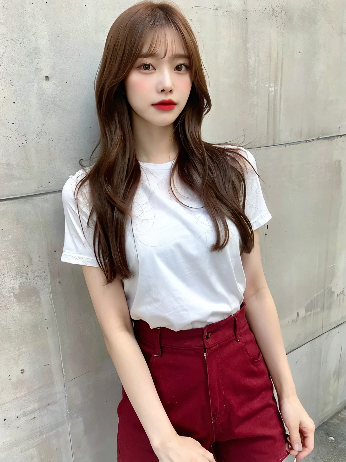 highest quality, woman, Age 25, s, 35mm lens,, Cowboy Shot, Concrete Background、Mortar style background、Reddish-brown hair color、Spring Clothes,Mortar wall,From below、Straight hair、Straight hair、Shiny Hair,Silky Hair,"Reddish-brown hair color",Bob、short、short、short、short、Bob.Bob、Bob、short、short、short、short