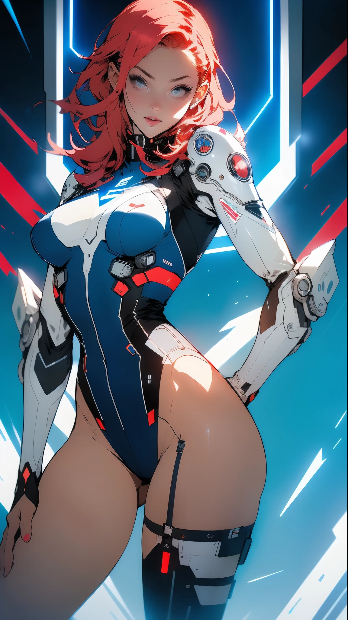 ((Best quality)), ((masterpiece)), (detailed: 1.4), (Absurd), Caucasian woman fighter pilot ready for war, front walking, Captain Brittany's outfit from Marvel comics, sculptural body defined, half-thick thighs bare, mouth closed, only in panties, muscular body covered by technological clothing, Neon Genesis Evangelion style, cyberpunk, generous neckline, ((perfect large breasts)), (blue eyes without pupils), ((very dark white and blue clothing, red and white)), (((short white straight hair misaligned like Lucy from cyberpunk: mercenaries)))), (thin white stripes left blue covering the breasts), (red and white stripes on the arms), (((lightning bolt drawings on the arms)), long manga-style eyelashes, short underwear, garter belt, by mucha, niji --V5, close to real, psychopath, crazy face, sexy pose, background with a giant Gundam style robot head, 2 piece clothing, shoulder pads with airplane wings on the back, pastel, centered, scale to fit dimensions, HDR (High Dynamic Range),Ray Tracing,NVIDIA RTX,Super-Resolution,Unreal 5,Subsurface dispersion, PBR texture, Post-processing, Anisotropic filtering, Depth of field, Maximum clarity and sharpness, Multilayer textures, Albedo and specular maps, Surface shading, Accurate simulation of light-material interaction, Perfect proportions, Octane Render, Two-tone lighting, Wide aperture, Low ISO, White balance, Rule of thirds, 8K RAW, crysisnanosuit