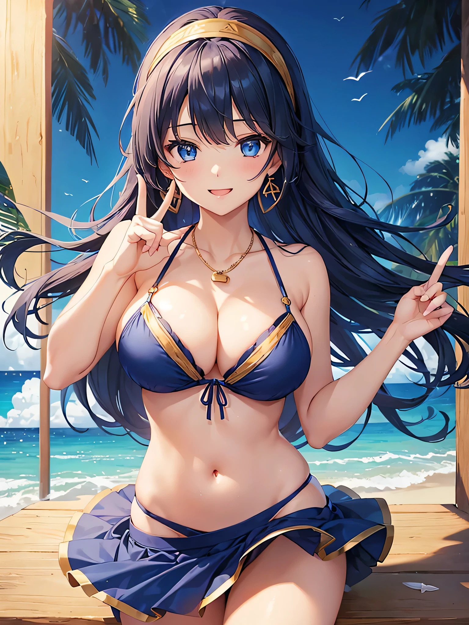 highest quality、Highest quality、masterpiece、beautiful girl、((1 female:1.5))、Navy blue long hair、blue eyes、 bikini in dark blue、Big cleavage、(Big Breasts),smile、Golden Necklace、Blue earrings、background(Beach)、peace sign(Extend only your middle and index fingers)、Open your mouth wide、Navy Blue Skirt、white headband、