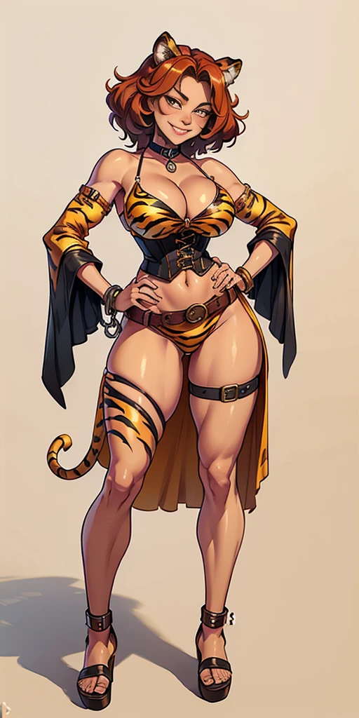 ((Masterpiece, plain background,1:2, masterpiece)) full body standing with separate yellow tiger print stockings thighs and sleeves, yellow tiger bikini print, hands on waist, navel, lustful smirking smiling, smile face (red blushed, red cheeks) armbands, black leather choker slave collar, metal sandals, big knockers, cleavage, separate sleeves, leather corset, hands on hips, shackles bracelets, slave red crest, loincloth standing, metal sandals, big belt, view from below, feet together, bracers, standing contrapposto straight symmetrical looking to viewer