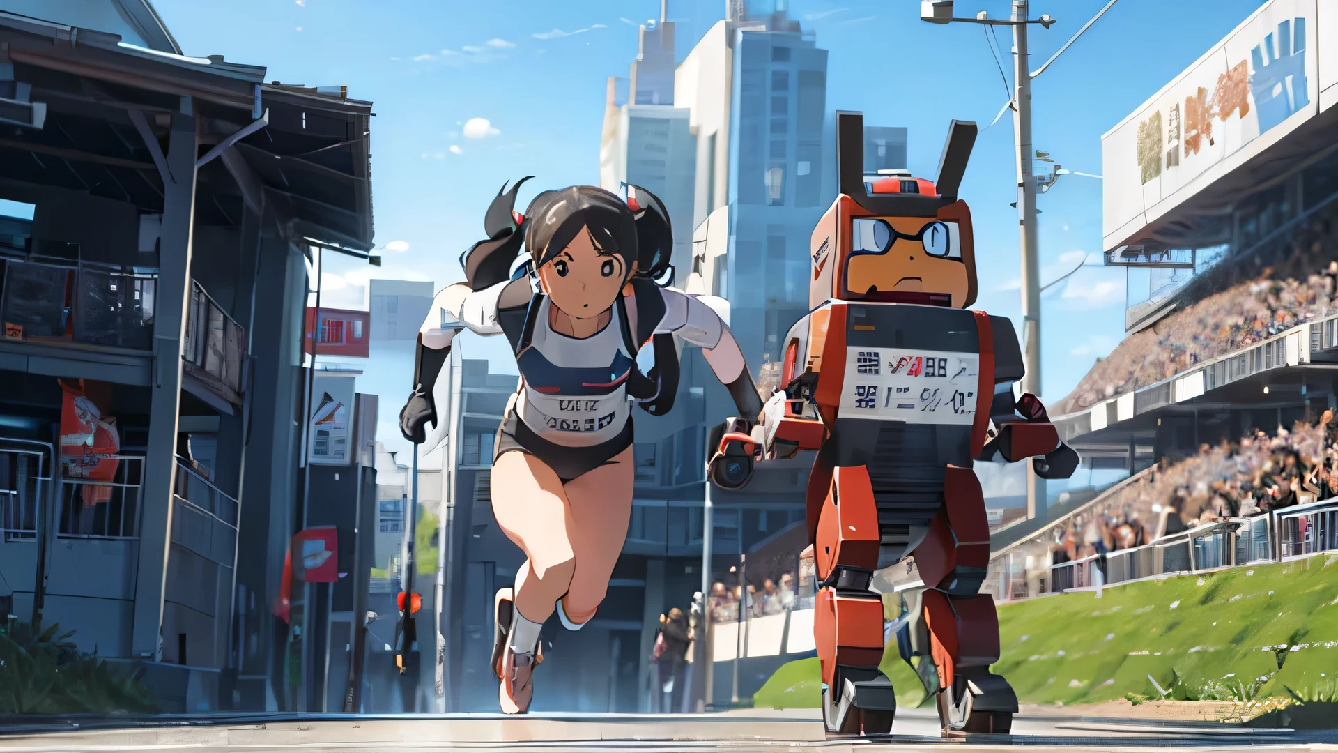A futuristic robot runs alongside a young female sprinter、from the front、whole body