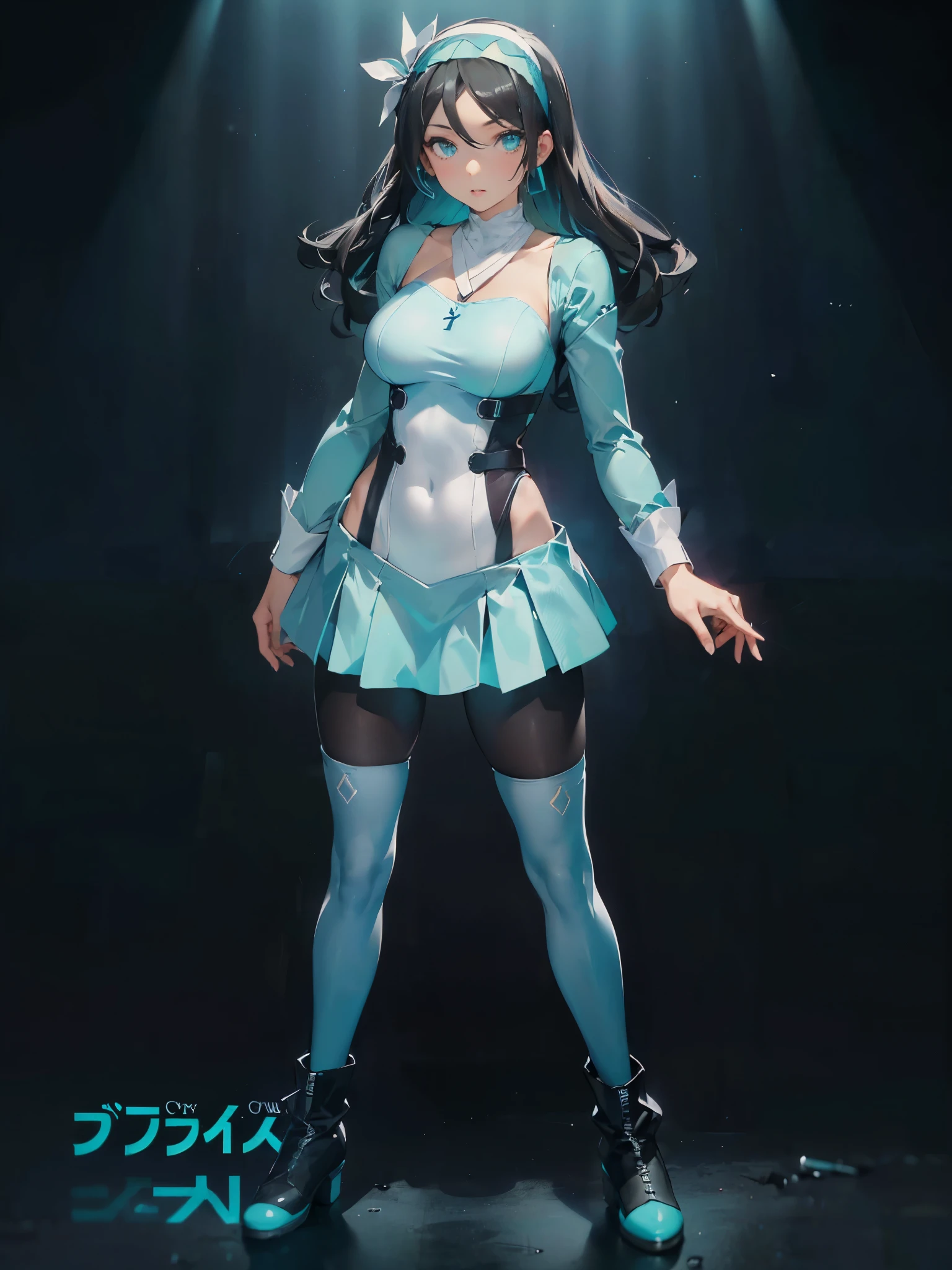 (maximum resolution: 1.2), (ultra high definition:1.2), cinema light, 8K resolution, fine eyes and skin, detailed face, perfect style, cute face, Accurate, anatomically correct, Highly detailed face and skin texture, beautiful and meticulous droopy eyes, 23 years old, (black hair:1.5), long hair, parted bangs, blue eyes, (white hairband:1.5), (long sleeves one-piece patternless dark cyan shirt:1.5), (tights:1.2), (boots:1.5), sitting sexy posing,
