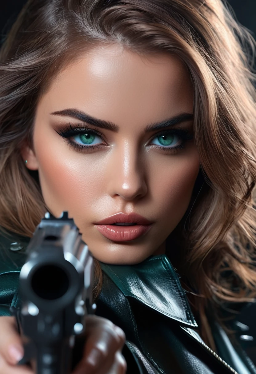 Long light Brown hair, (blue green eyes), woman, (detailed eyes), pouty lips, dressed in black leather, (holding a pistol), dark, dynamic pose, (8k, RAW photo, photorealistic), (lots of eyelashes, best quality, ultra high resolution, depth of field, wide light, natural color, picture from distance, hair with many details, beautiful, medium breasts, 8k artgerm bokeh, fanart best artstation, render photorealistic, art in the style of guweiz, inspired by WLOP, ig model | artgerm, deviantart artstation cgscosiety, dark city background, landscape view, full image, full body, landscape