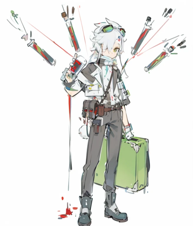 masterpiece, best quality, 1 Boy, White hair,Medics,test tube,Briefcase,Medicine Bottle,name card,Waist bag,boots,Lop-eared rabbit ears,blood,Goggles。