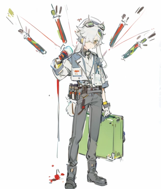 masterpiece, best quality, 1 Boy, White hair，Medics，test tube，Briefcase，Medicine Bottle，name card，Waist bag，boots，Lop-eared rabbit ears，blood，Goggles。