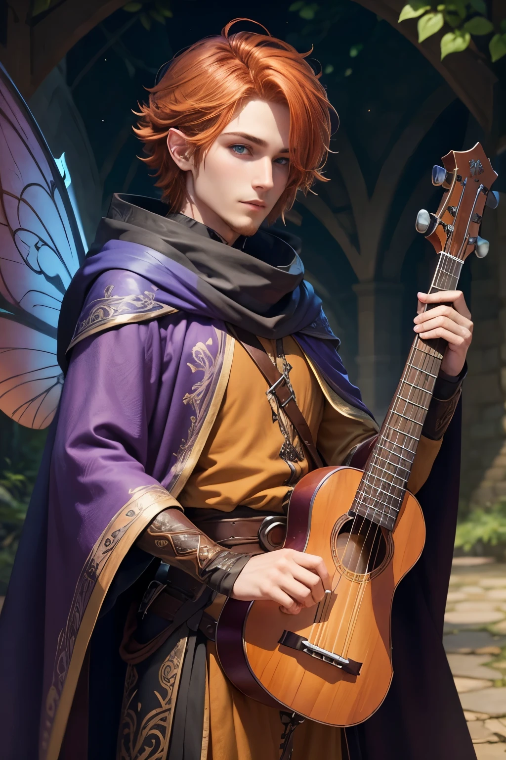 male fairy bard auburn hair amber eyes wearing a cloak and clothes holding a ukele 3ft tall no facial hair with blue and purple wings