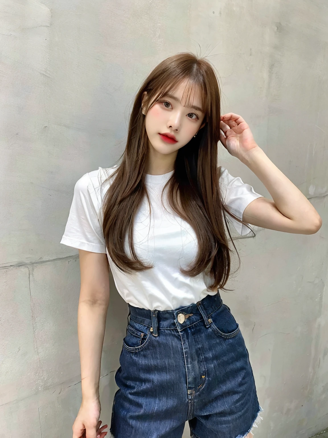 highest quality, woman, Age 25, s, 35mm lens,, Cowboy Shot, Concrete Background、Mortar style background、Reddish-brown hair color、Spring Clothes,Mortar wall,From below、Straight hair、Straight hair、Shiny Hair,Silky Hair,"Reddish-brown hair color",Bob、short、short、short、short、Bob.Bob、Bob、short、short、short、short