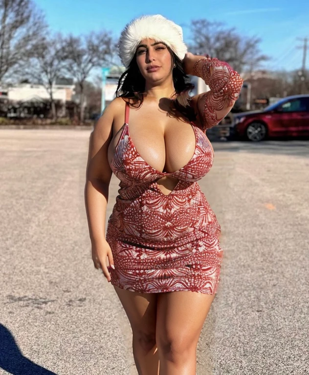 Very Low cut short dress, curvy, medium size breasts, curvy body, cleavage fully exposed, Arab skin color