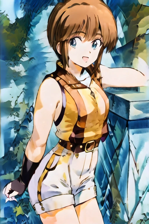 masterpiece, best quality, highres, hmbg,, sleeveless jacket, sleeveless, detached sleeves, fingerless gloves, belt, white shorts, standing, cowboy shot, outdoors, smile
