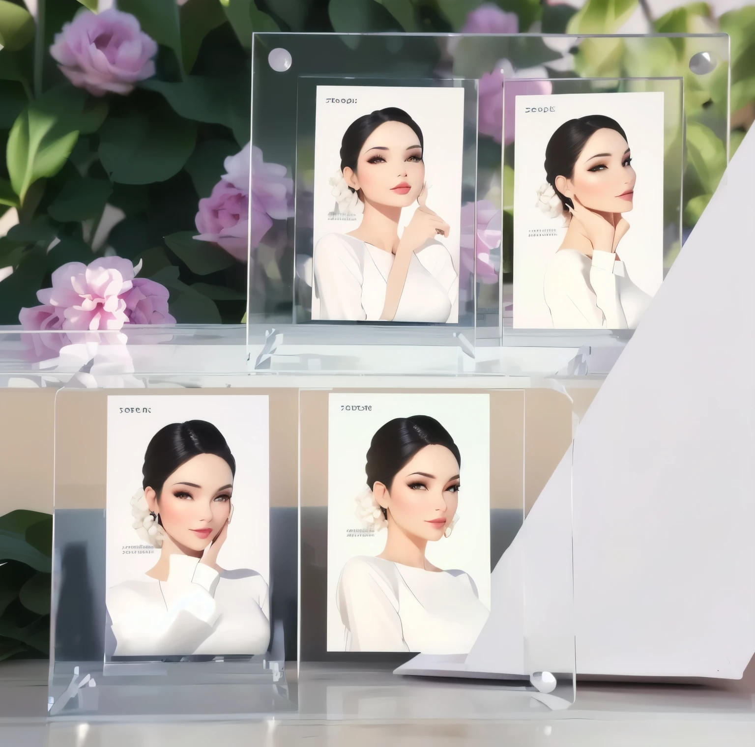 there are three pictures of a woman with different makeup looks, photo product, product introduction photos, portrait realistic photograph, glossy photo, clear portrait, card frame, product photo, realistic portrait photo, high quality portrait, transparent, product image, product introduction photo, picture frames, product display, realistic photograph, high-quality 4k portrait, high-quality photo, real photograph