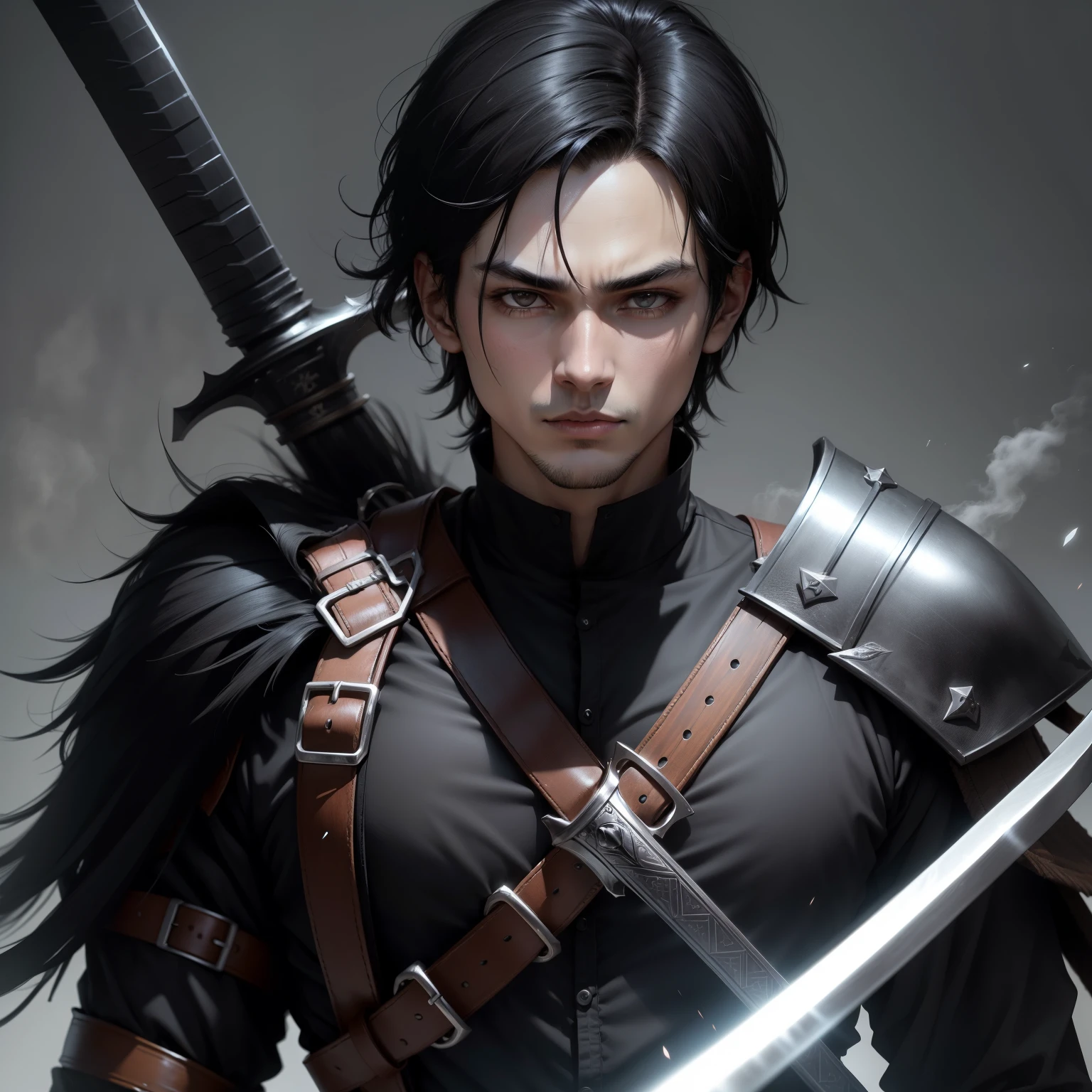 1.He has black hair, two swords on his back and wears black clothes with black eyes
