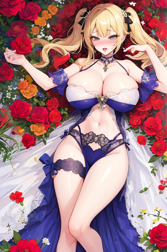 A woman with big ，Gorgeous woman，Mature((ahegao))，Long blond hair，twintails，Exquisite，Cleavage，Lace Eye Mask，Transparent nightdress，Slim waist，Showing belly，Smooth legs，blush，Lying in the flowers，Colorful flowers，Sexy Lingerie，