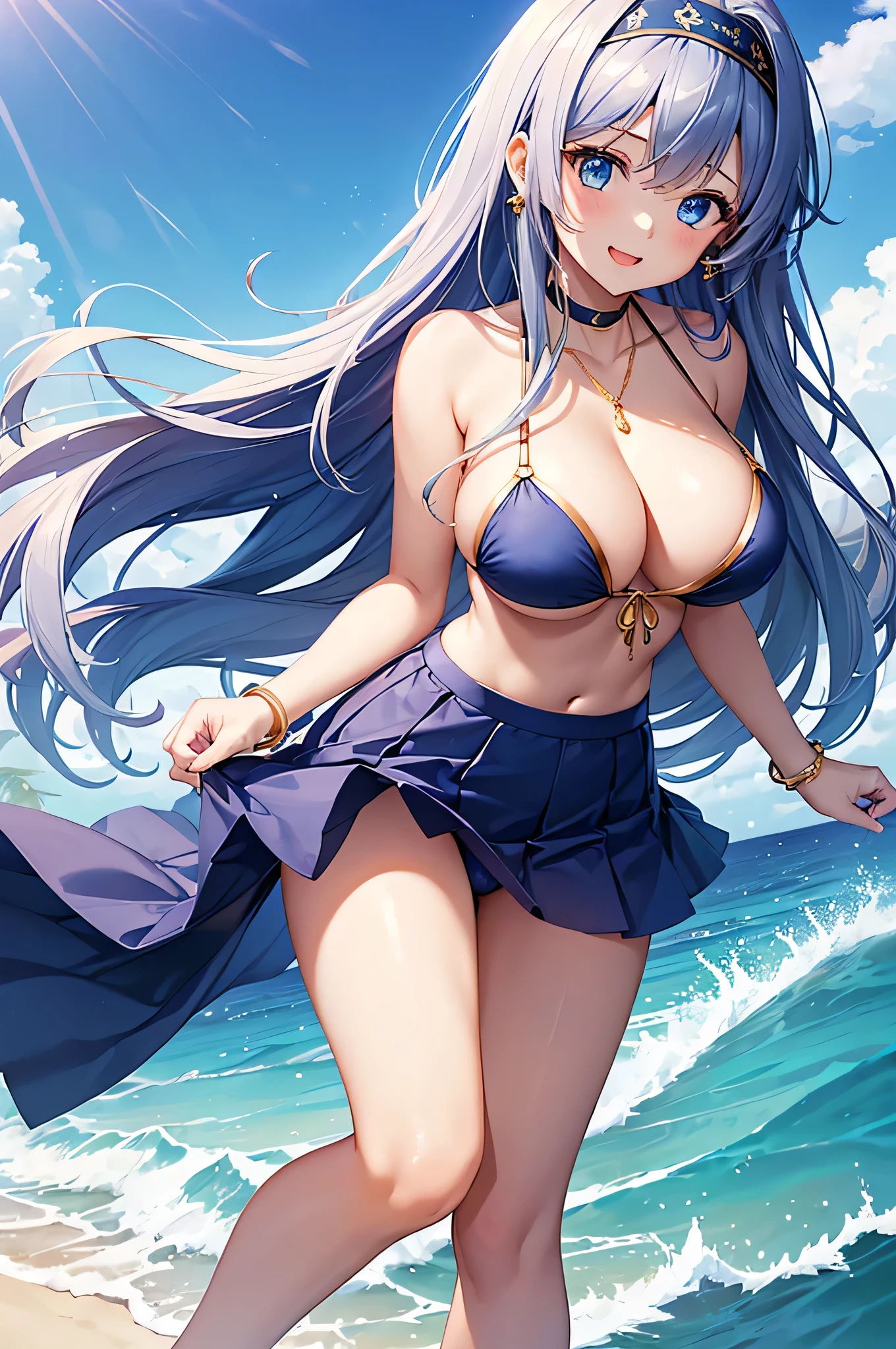highest quality、Highest quality、masterpiece、beautiful girl、((1 female:1.5))、Navy blue long hair、blue eyes、Sexy bikini in dark blue、Big cleavage、(Big Breasts),smile、Golden Necklace、Blue earrings、background(Beach)、Open your mouth wide、Navy Blue Skirt、white headband、Standing and putting your feet in the sea、