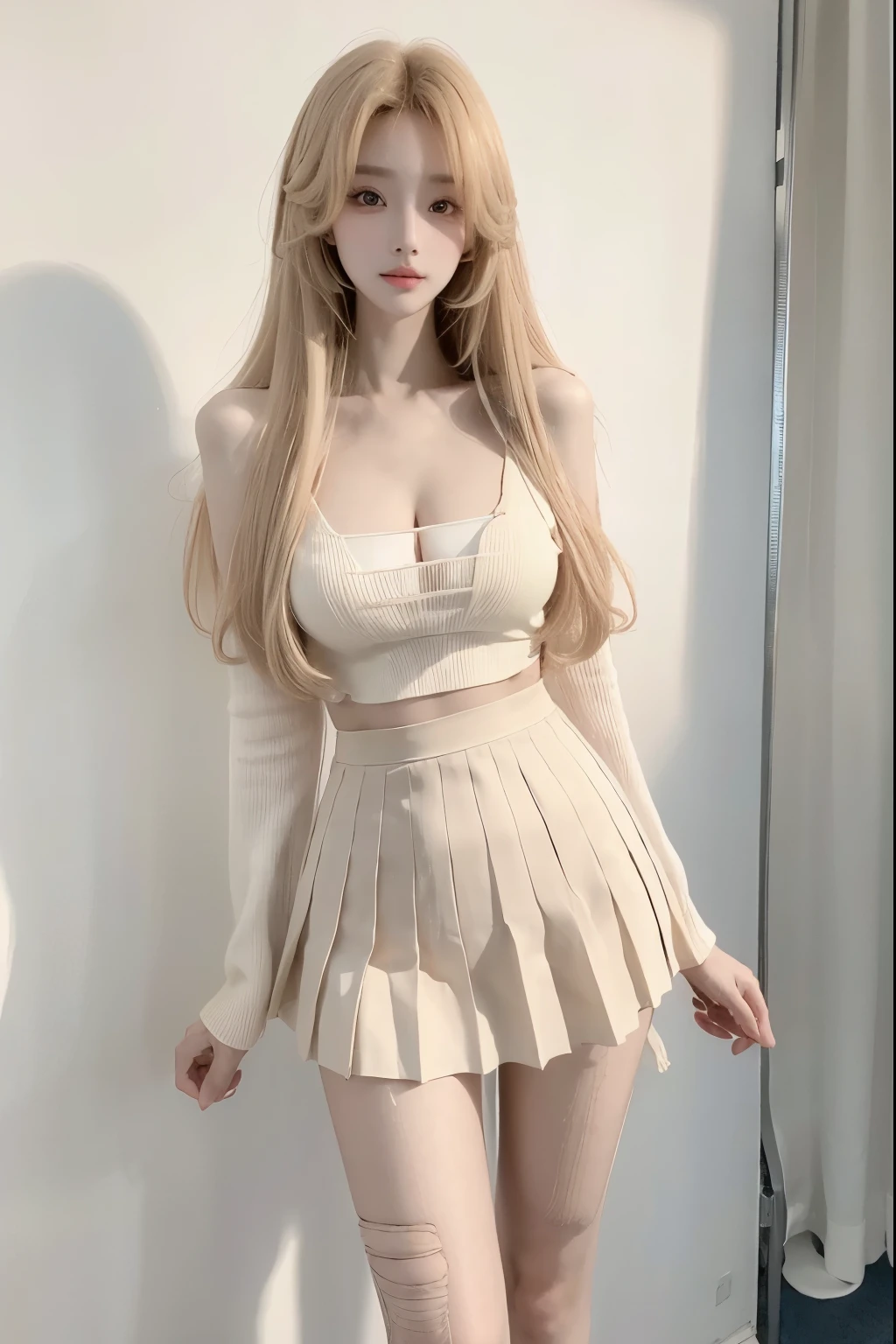 Beautiful woman with perfect body:1.4,Layered Hairstyle,Prominent cleavage,Highly detailed face and skin textures,Double eyelids,Skin Whitening,Long hair,Whitened long legs,blond,(Beige coat,Pleated Skirt,Black pantyhose)Standing on the sports field