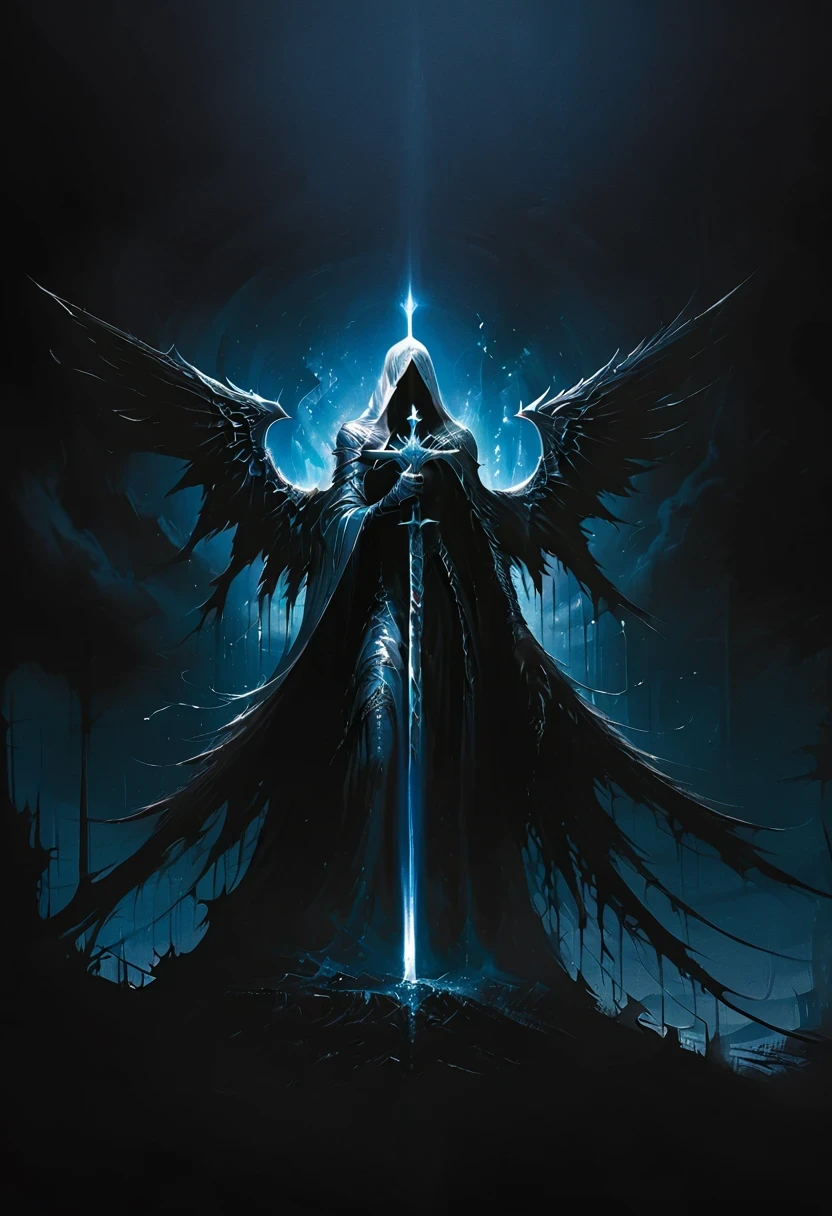 (masterpiece, best quality: 1.2), Underground Angel, Folding wings, Holding a blue silver cross, moonlight, heavily clouded, Dark fantasy illustration style, Dark Arts, High contrast, Dark Shadows, Atmospheric perspective , Melancholic colors, Film composition, Volumetric Lighting, number, Brushstrokes, Dramatic Lighting, Low Angle, Surrealism, Ultra Detailed, Surrealism