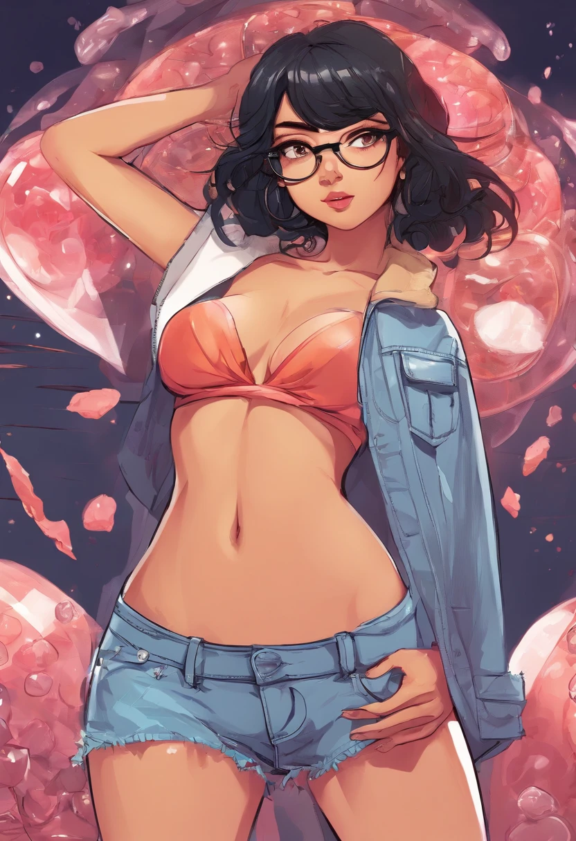 ((Jelly art style with a bit of anime with it)) black hair, big brown eyes, big lips, clear glasses, big chest, small waist, wears a denim mini skirt low, low cut white shirt, long eyelashes
