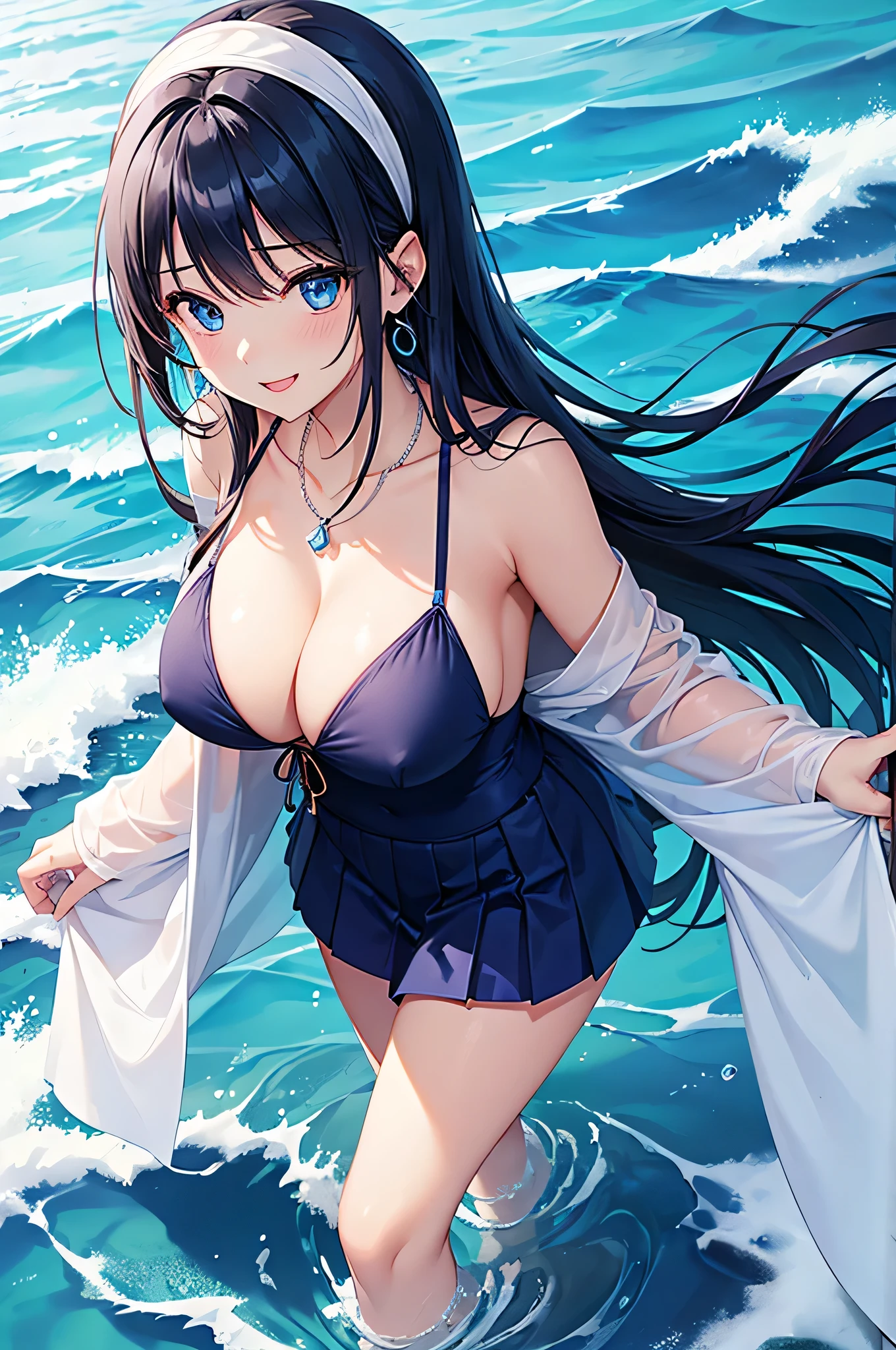 highest quality、Highest quality、masterpiece、beautiful girl、((1 female:1.5))、Navy blue long hair、blue eyes、Sexy bikini in dark blue、Big cleavage、(Big Breasts),smile、necklace、Blue earrings、situation(Swimming in the sea、Waveless ocean)、Open your mouth wide、Navy Blue Skirt、white headband、Standing and putting your feet in the sea、to close range、