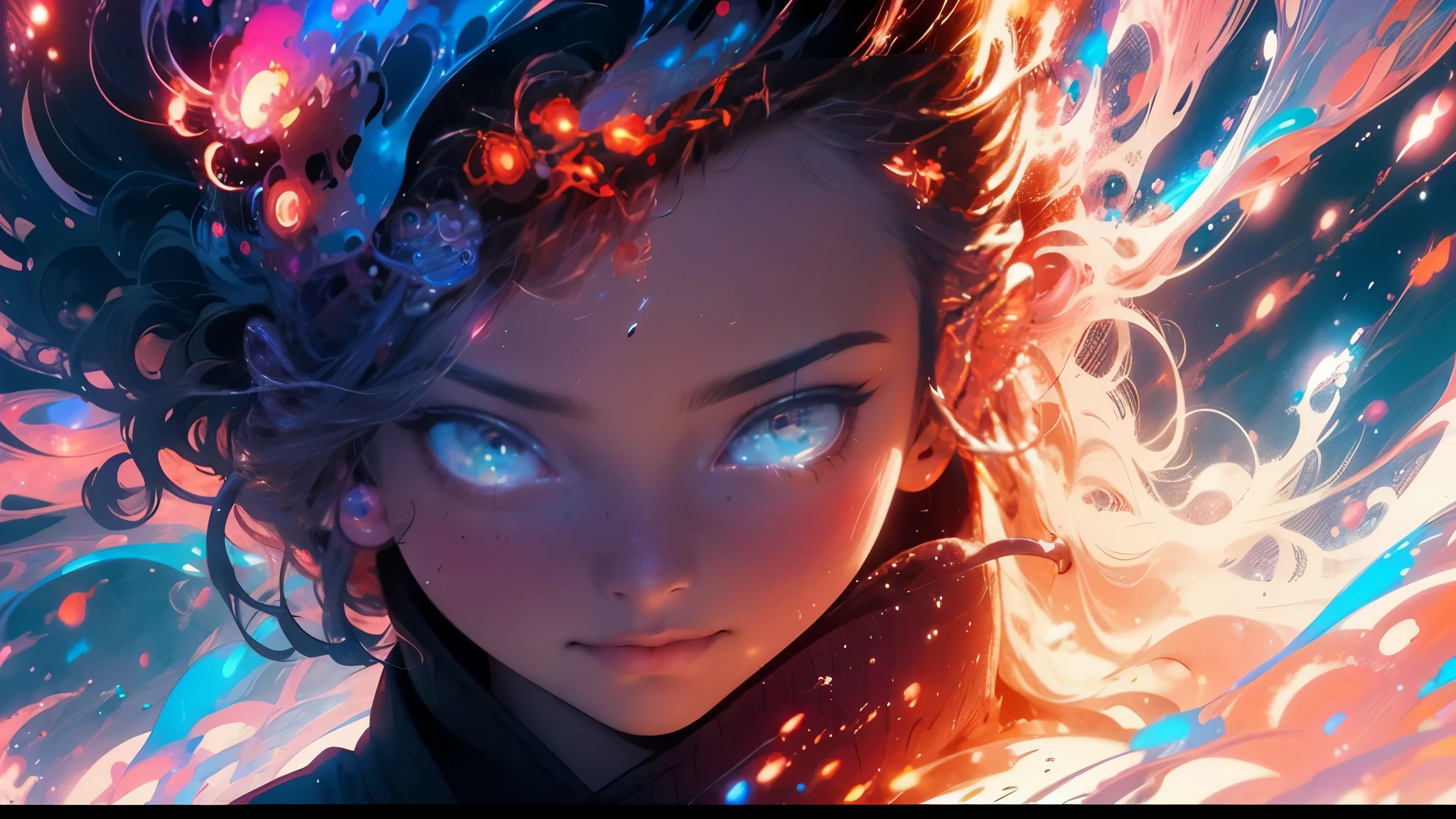 Masterpiece, best quality,young beautiful girl, ultra detailed, official art,unity 8k wallpaper, Smirk，Red and blue, infrared photography, (otherworldly hues):1.2， surreal landscapes, unseen light, ethereal glow, vibrant colors, ghostly effect
