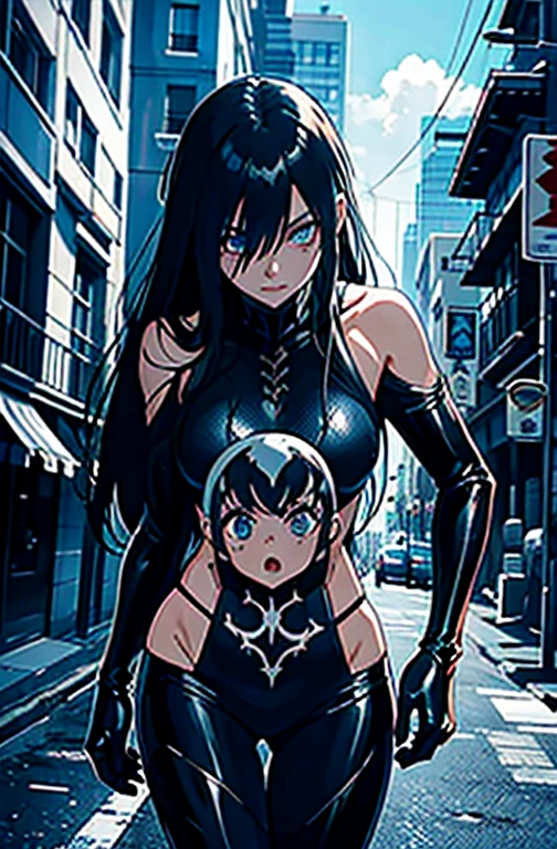 "(venom with a young girl), (ojos azules), (ropa blanca), (Estilo anime 8k), (imagen ultra detallada), (CIUDAD)"