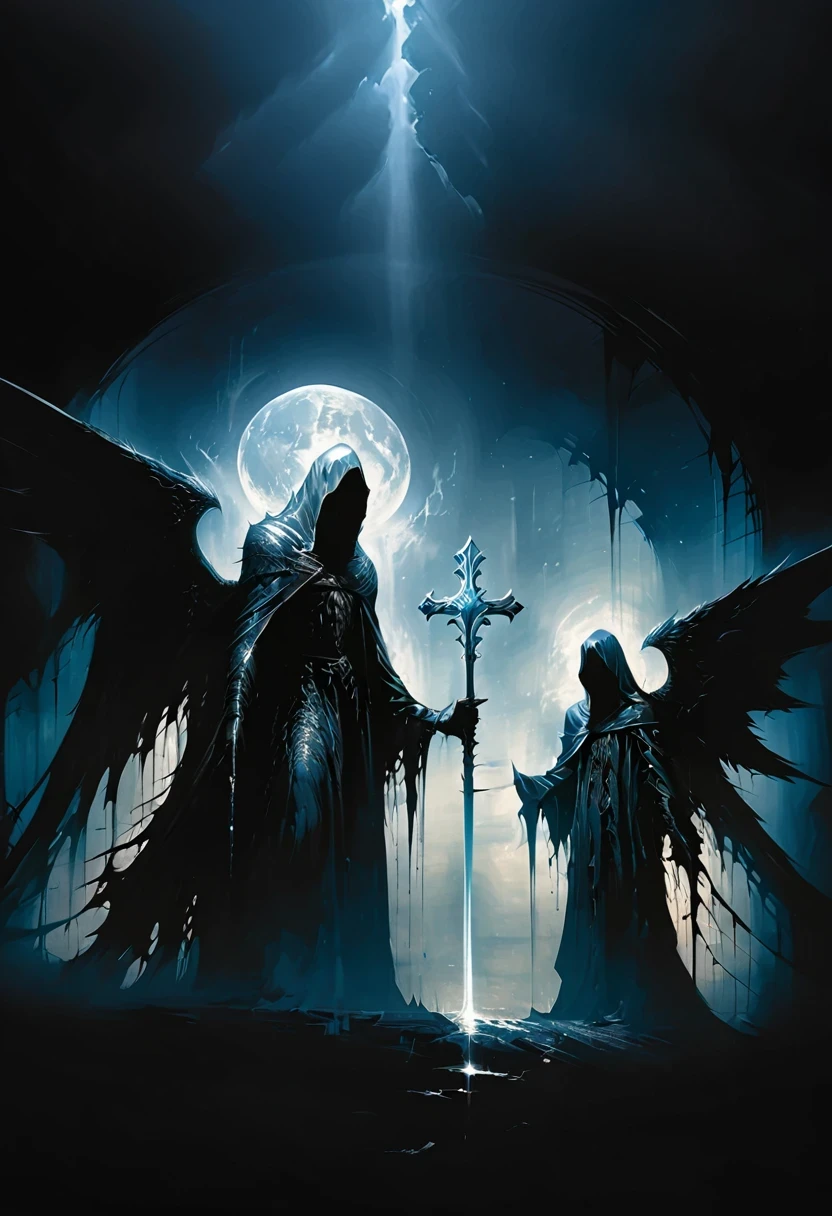 (masterpiece, best quality: 1.2), Underground Angel, Folding wings, Holding a blue silver cross, moonlight, heavily clouded, Dark fantasy illustration style, Dark Arts, High contrast, Dark Shadows, Atmospheric perspective , Melancholic colors, Film composition, Volumetric Lighting, number, Brushstrokes, Dramatic Lighting, Low Angle, Surrealism, Ultra Detailed, Surrealism