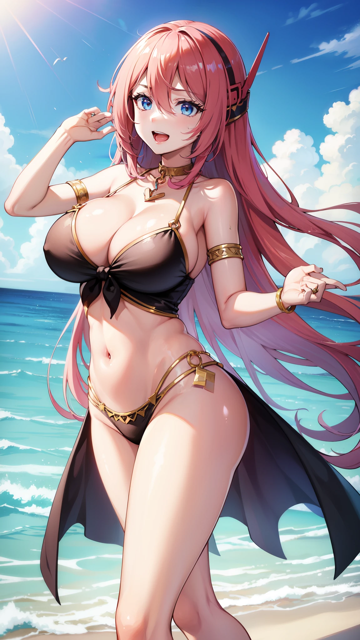 , cleavage,saggy breasts,, , navel, solo, ,open mouth,cowboy shot,smile,wide hips,,long hair,pink hair,beach,ocean,blue sky,,white front tie top,.choker,,single pantsleg,sunlight,toe ring,anklet,gold choker,gold armlet,gold thigh ring,gold necklace,,water,masterpiece,best quality,ultra detailed,make-up,rouge,mascara, best quality, best quality ,masterpiece,an extremely delicate and beautiful, extremely detailed, Amazing, finely detail, 8k wallpaper, , ultra-detailed, highres, extremely detailed, 8K, Ultra-High Definition, highest quality, ultra high resolution, , High quality texture,Highly detailed,Open mouth, A girl, Shiny body, Shiny skin, Shiny skin, masterpiece, best quality, highest quality, ultra-detailed, extremely beautiful detailed, 1girl, solo, beautiful girl,